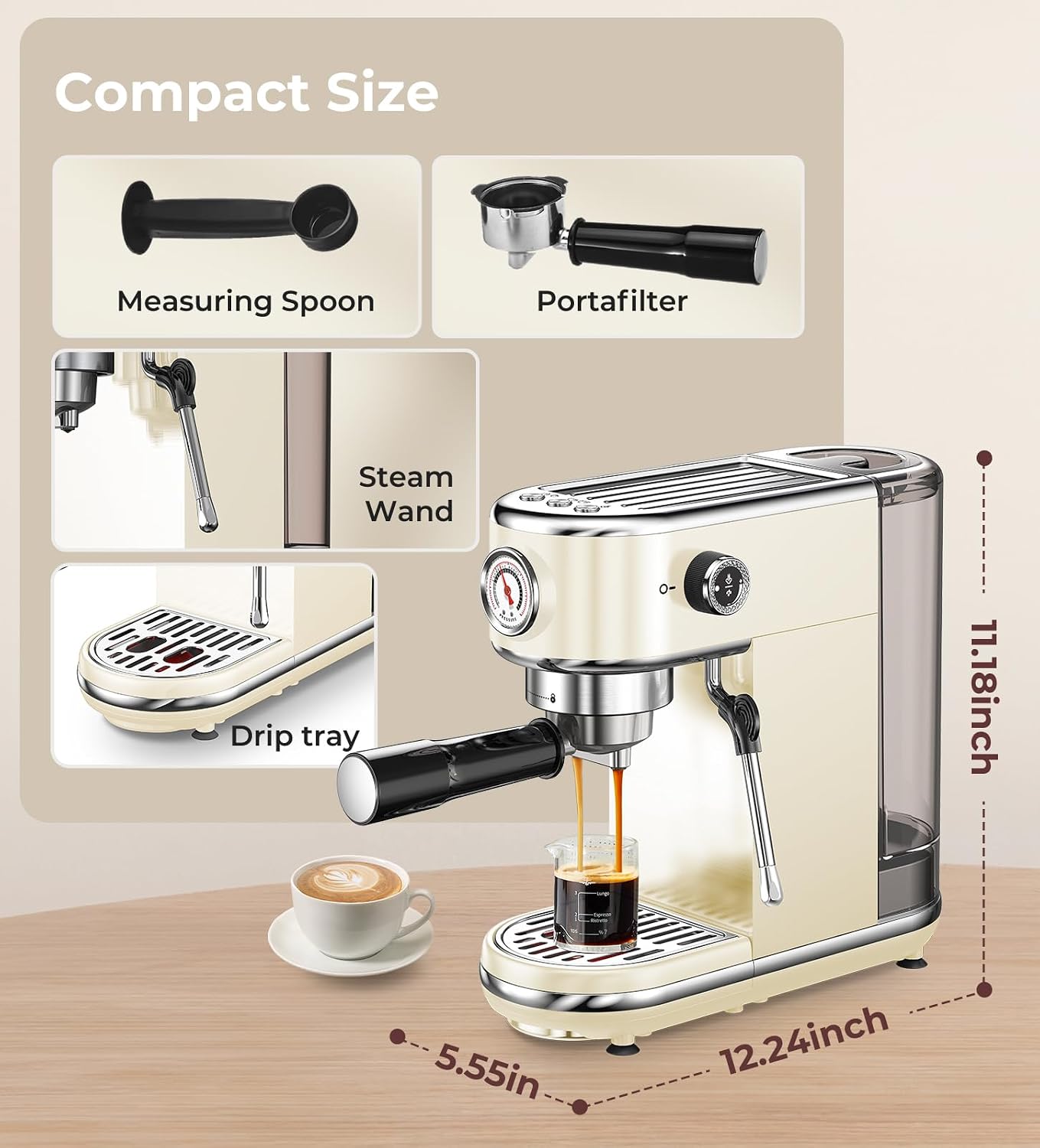 atatix 20 Bar Espresso Machine with Milk Frother, Compact Espresso Maker | Stainless Steel Coffee Machine with Precise Temp Control, 44oz Removable Water Tank for Latte, Cappuccino, White