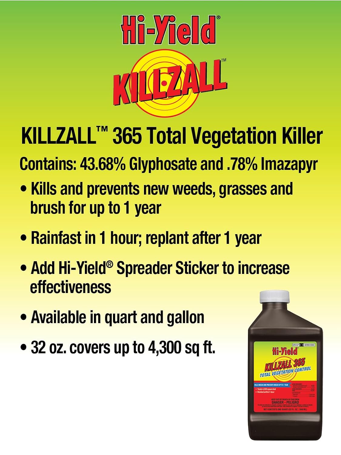 Hi-Yield (32170) Killzall 365, 32 oz | Glyphosate + imazapic extended control - Kills weeds & prevents regrowth for up to 1 year, 32 oz - Property owners