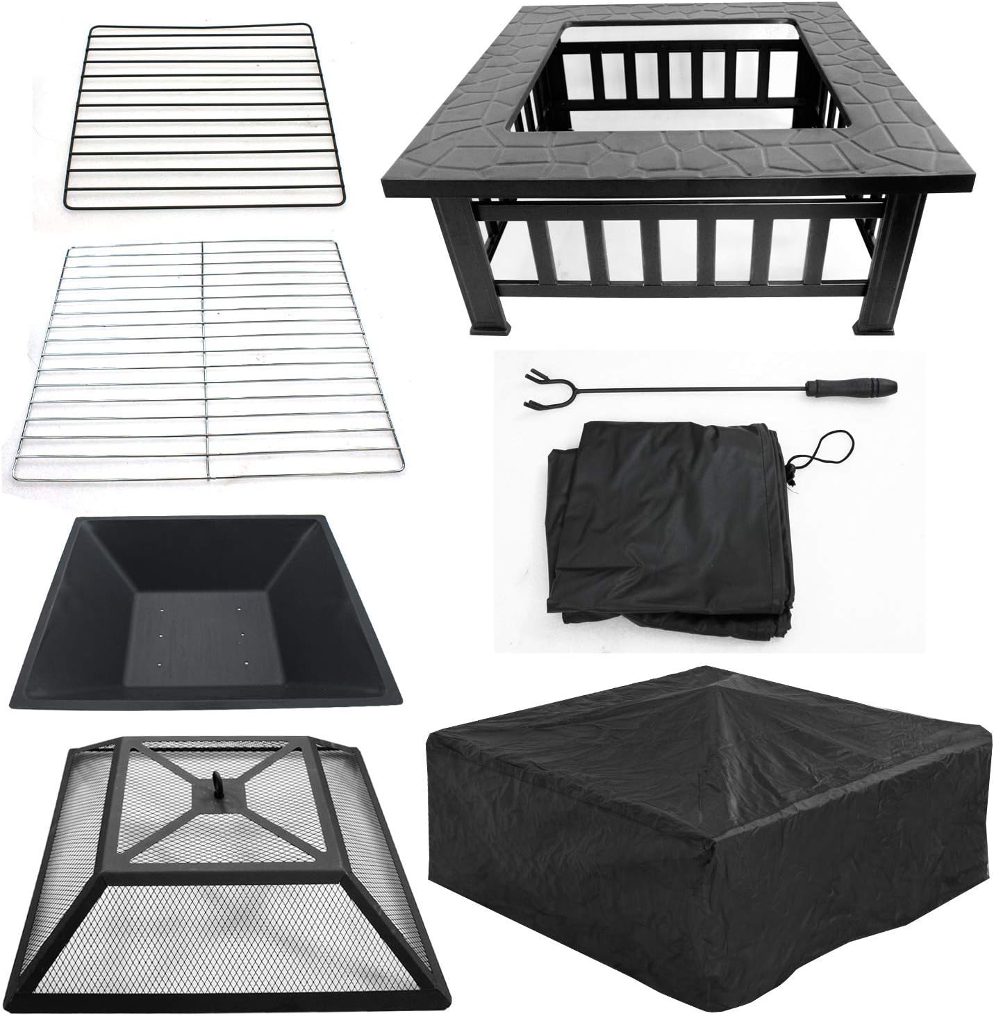 ZENY 32 inch Outdoor Fire Pit with Grill for Outside Wood Burning, Square Metal Outside Fireplaces