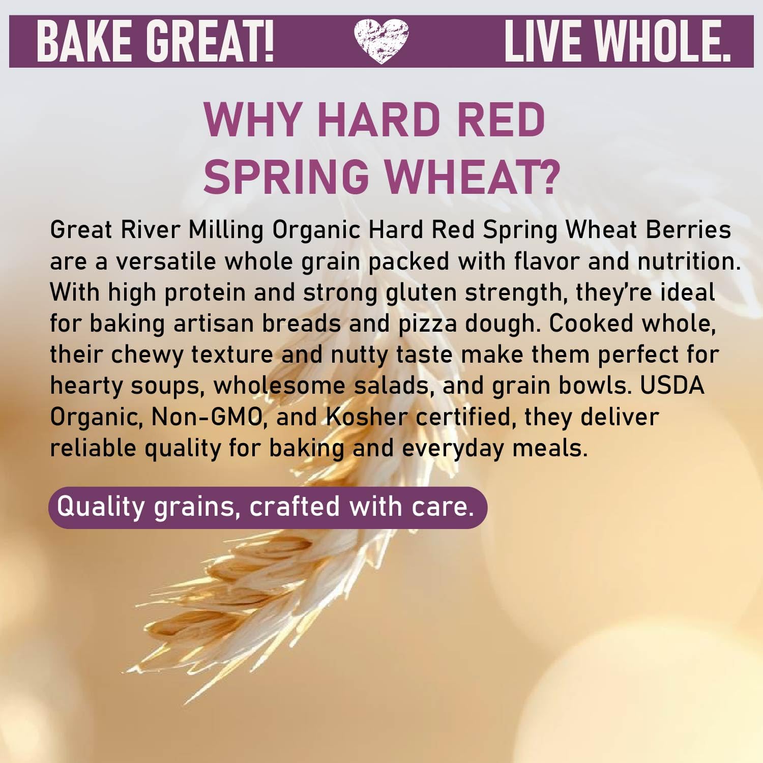 Great River Milling Organic Hard Red Spring Wheat Berries, Non-GMO, 25 lb | Organic Hard Red Spring Wheat Berries for home-milled bread flour, sourdough, sprouting, salads, pilaf and grain bowls