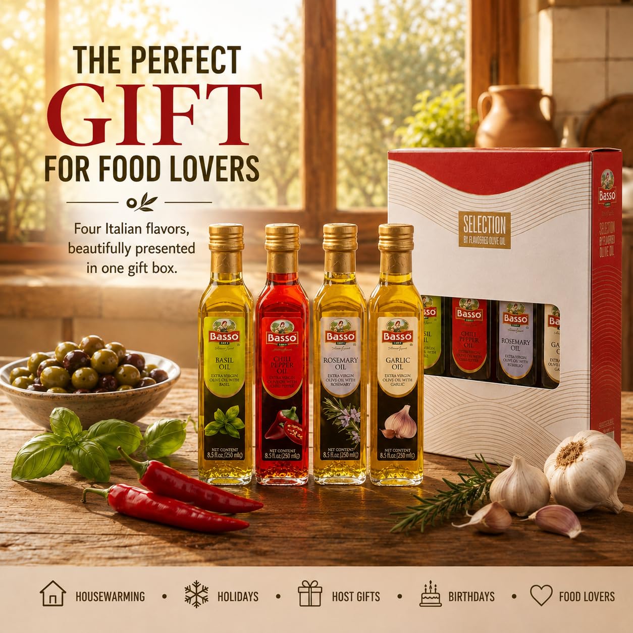 BASSO 1904 Infused Extra Virgin Olive Oil Gift Box Set, 8.5 Fl Oz (250 ml)