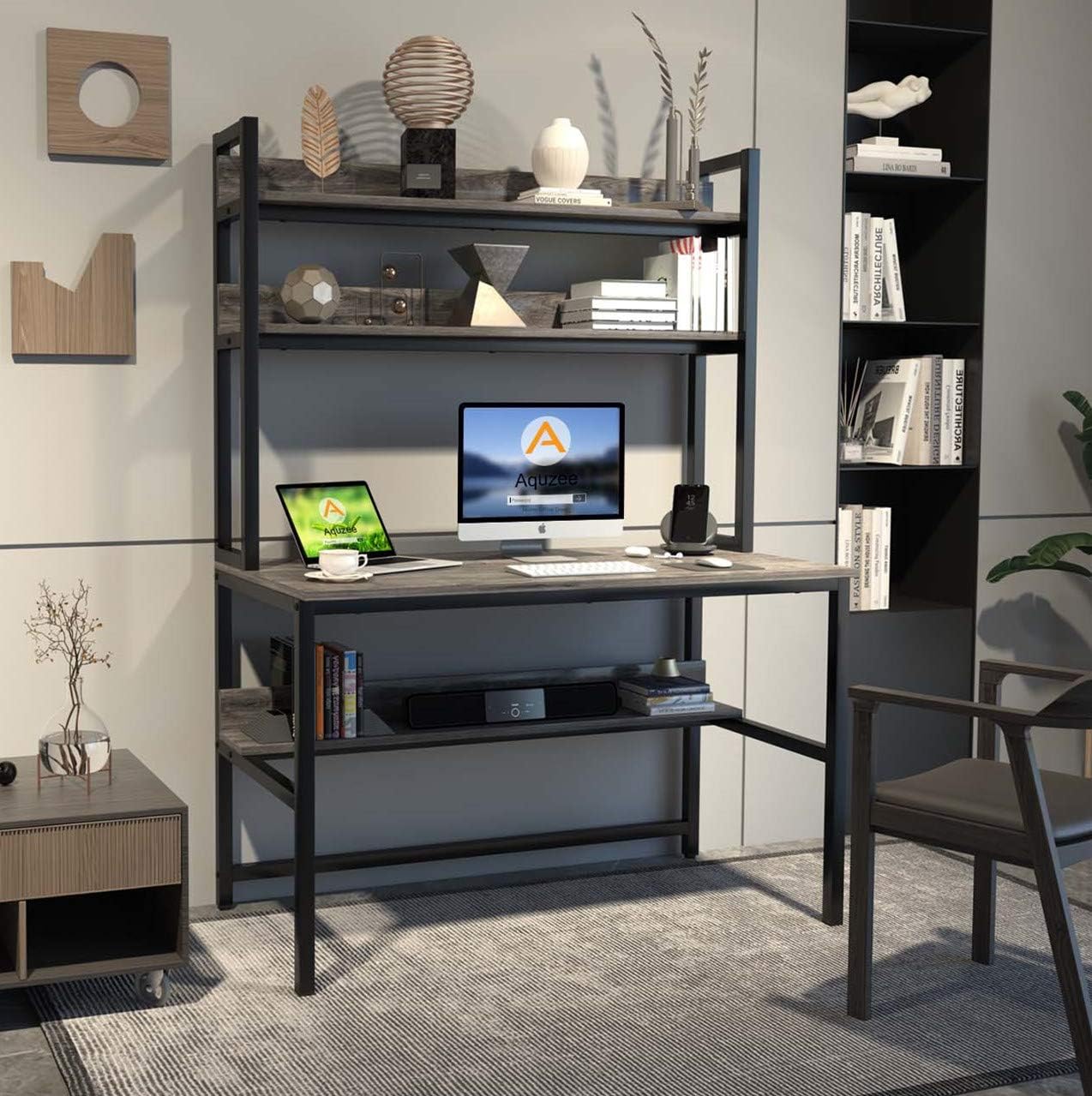 Aquzee Computer Desk with Shelves, 47" W x 23.6" D Gaming Desk with Hutch and Bookshelf