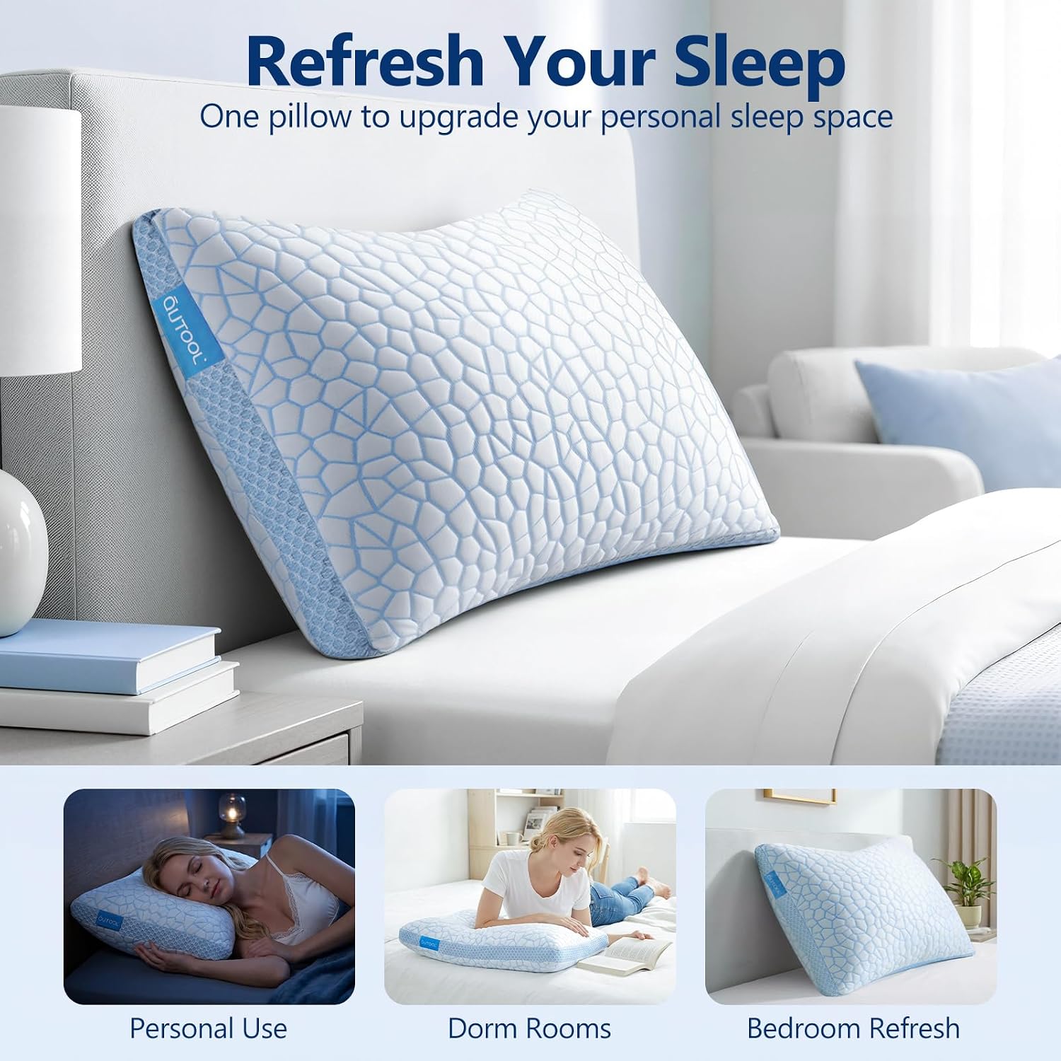 QUTOOL Cooling Pillow for Sleeping, CertiPUR-US Shredded Memory Foam Queen Pillows Set of 2, Cool Pillow for Hot Sleepers Adjustable Firm Pillow for Side, Back, Stomach Sleepers Soft Yet Support,White