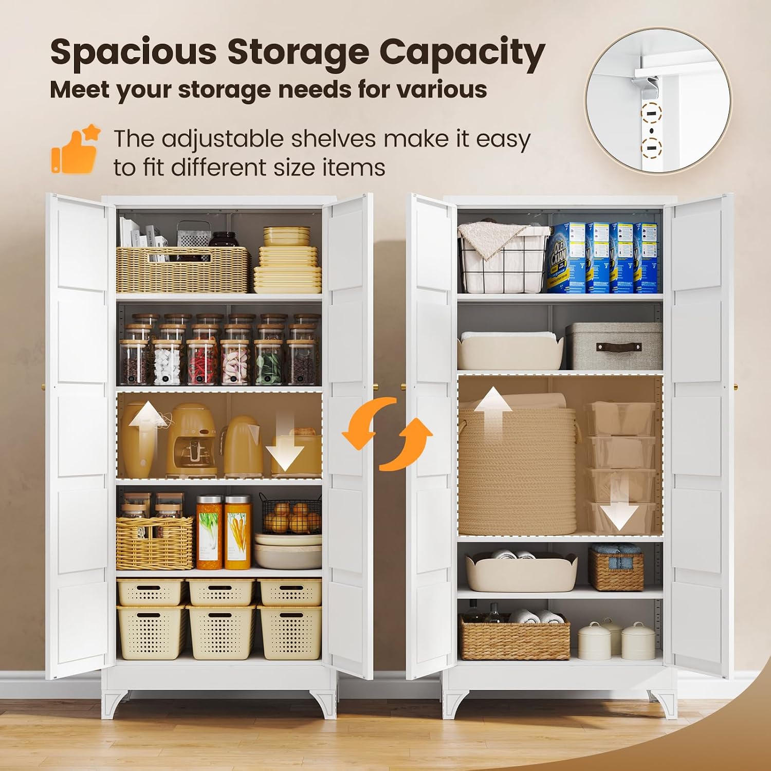Metal Storage Cabinet with 2 Doors and 4 Adjustable Shelves - 61" White Kitchen Pantry Storage 5-Tier Tall Steel Cabinets Locker for Kitchen, Living Room, Dining Room