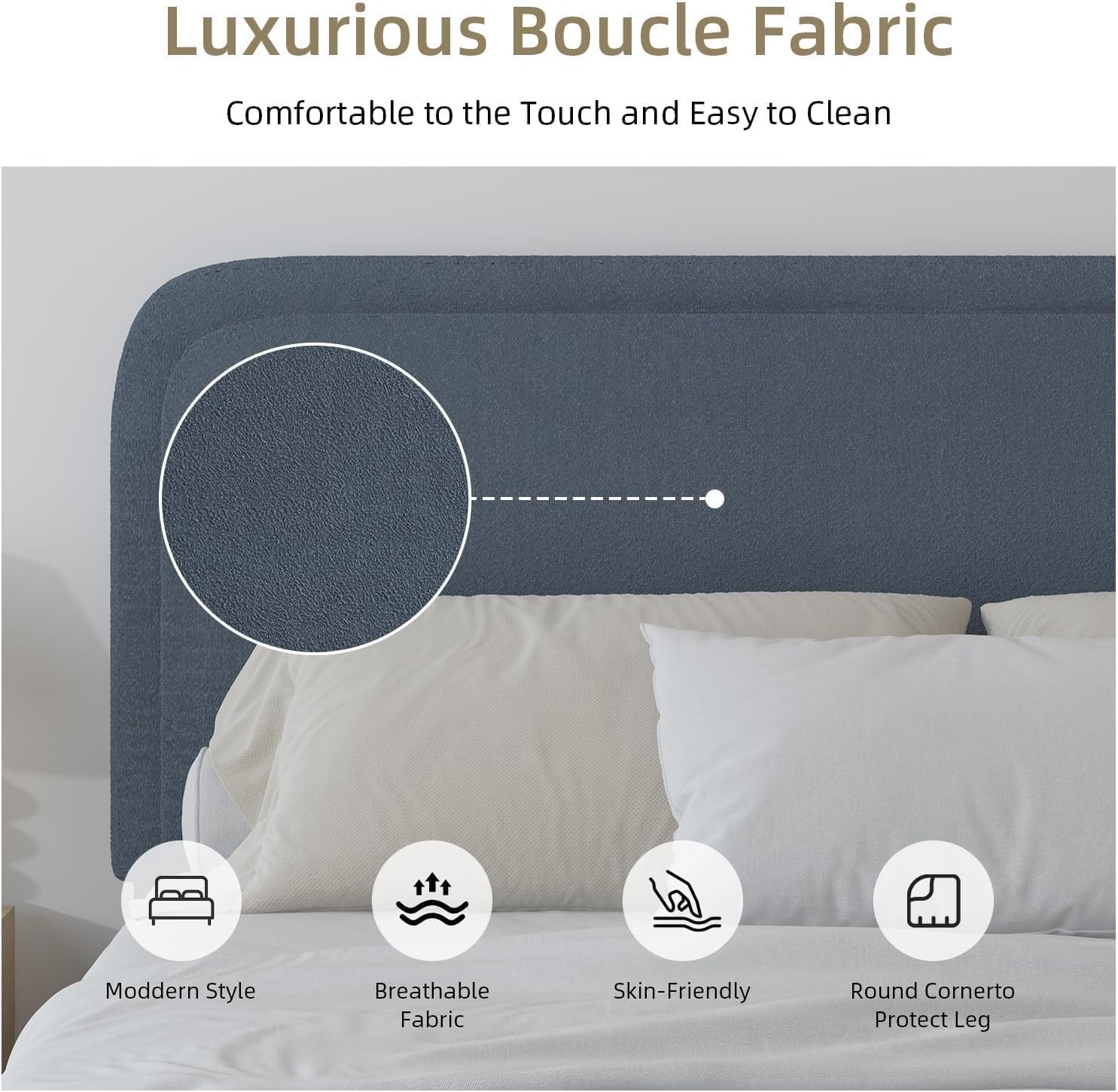 BarnFurin Full Bed Frame, Cloud Boucle Headboard, Rounded Corners, White | Soft boucle and rounded edges create a low-profile cloud look. Wooden slats support the mattress without a box spring