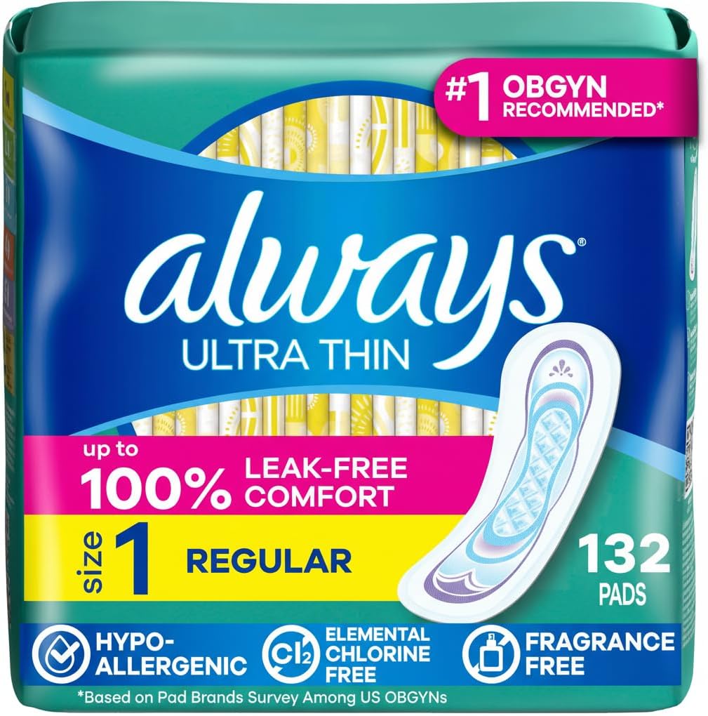 Always Ultra Thin Feminine Pads with Wings for Women, Size 1, Regular Absorbency, Unscented, Up to 100% Leak-Free Protection, 46 Count