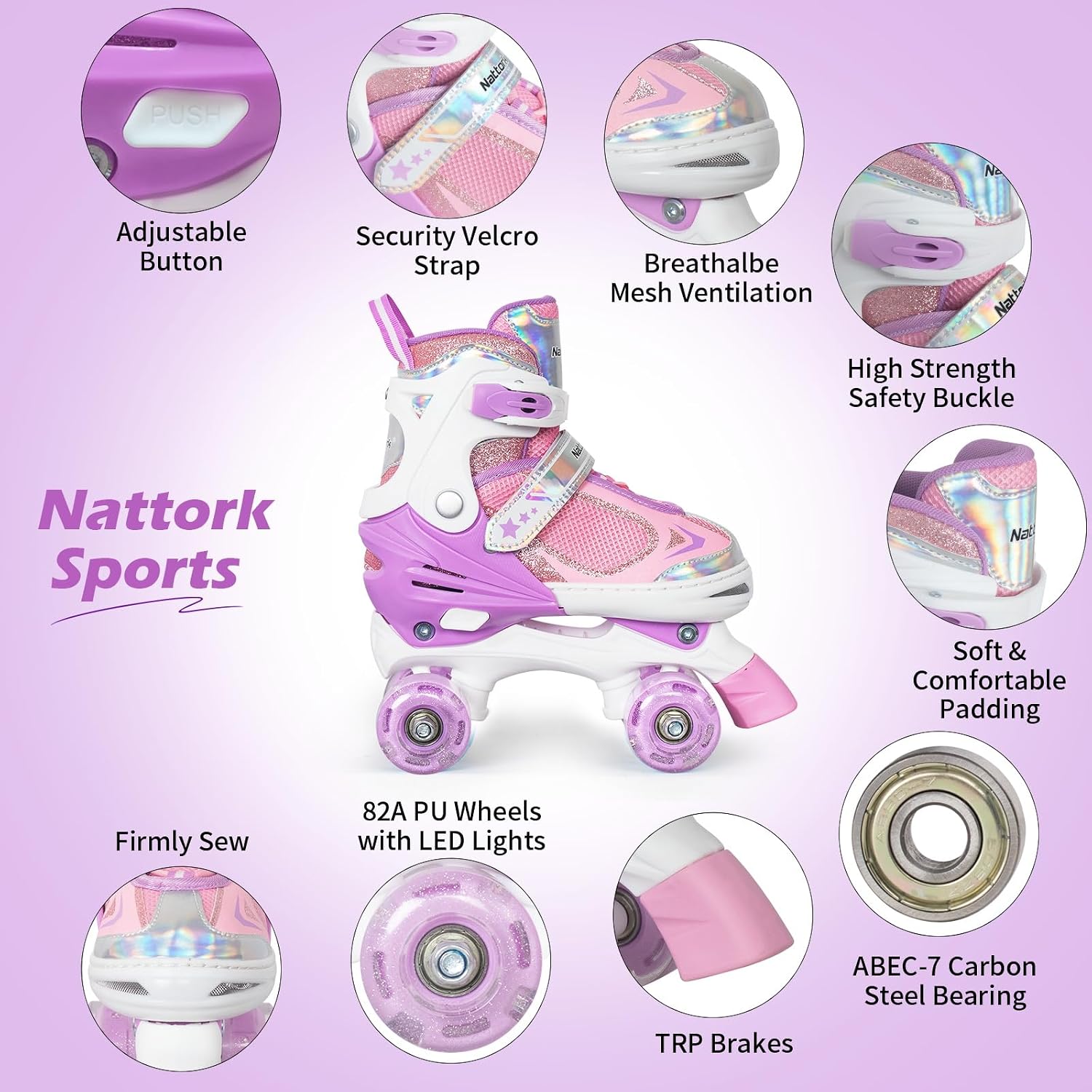 Nattork Kids Roller Skates for Boys Girls Kids, 4 Sizes Adjustable Quad Skates with All Light up Wheels - Birthday Gift for Indoor Outdoor Sports