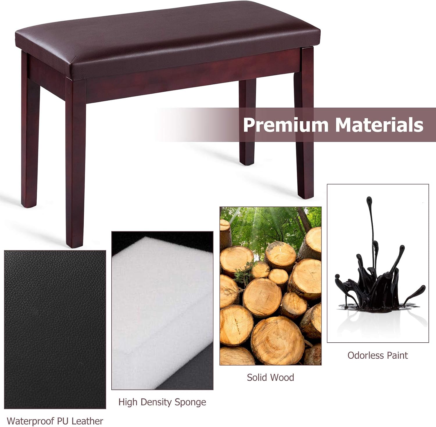 Giantex Piano Bench W/Padded Cushion and Music Storage, Comfortable Double Duet Seat, Wooden Legs, Perfect for Professional Or Home Use PU Leather Piano Stool (Brown)