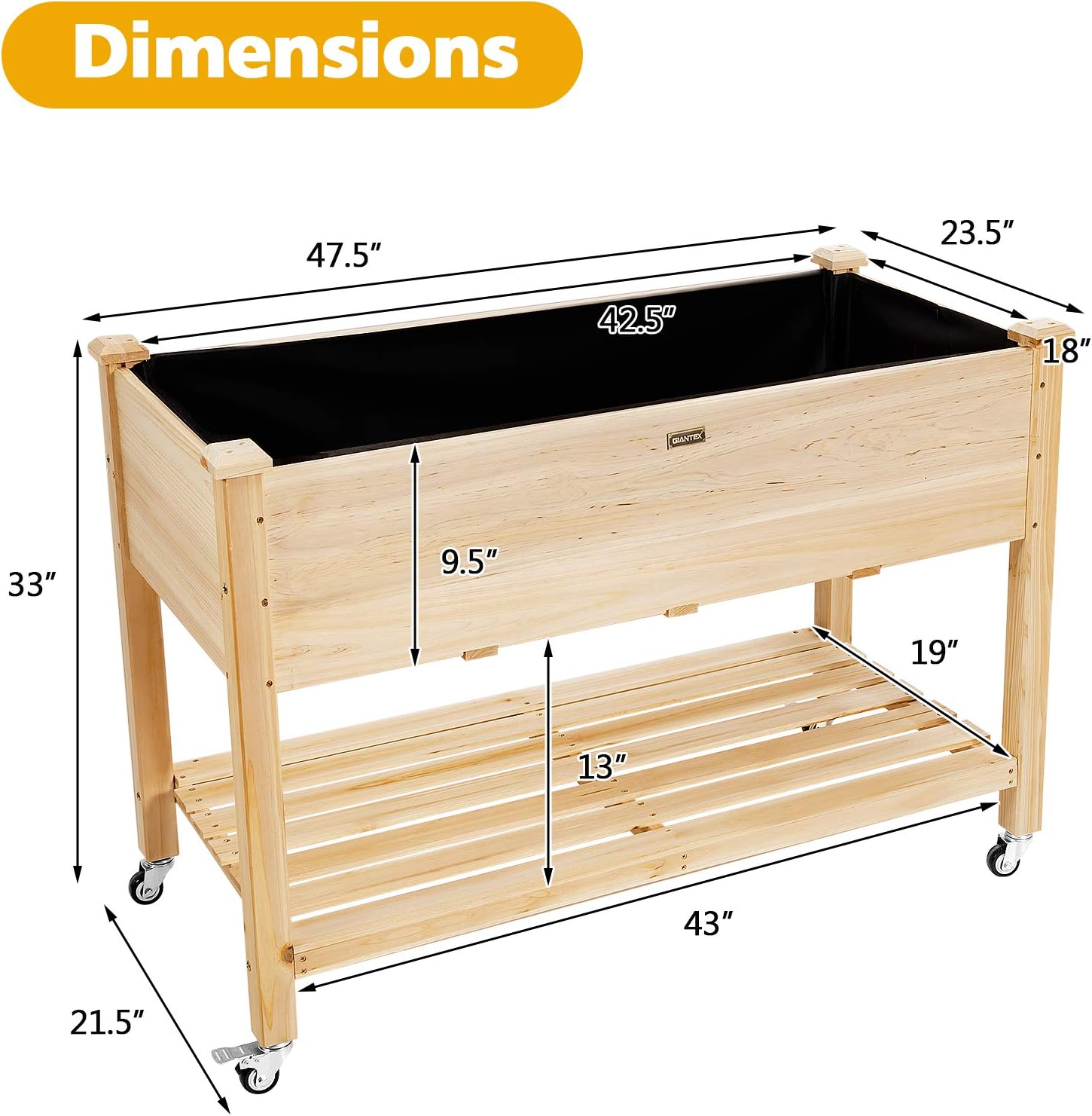 GIANTEX Raised Garden Bed on Wheels, Wood Planter Box with Legs, Liner, Drain Holes, Elevated Garden Bed for Vegetables