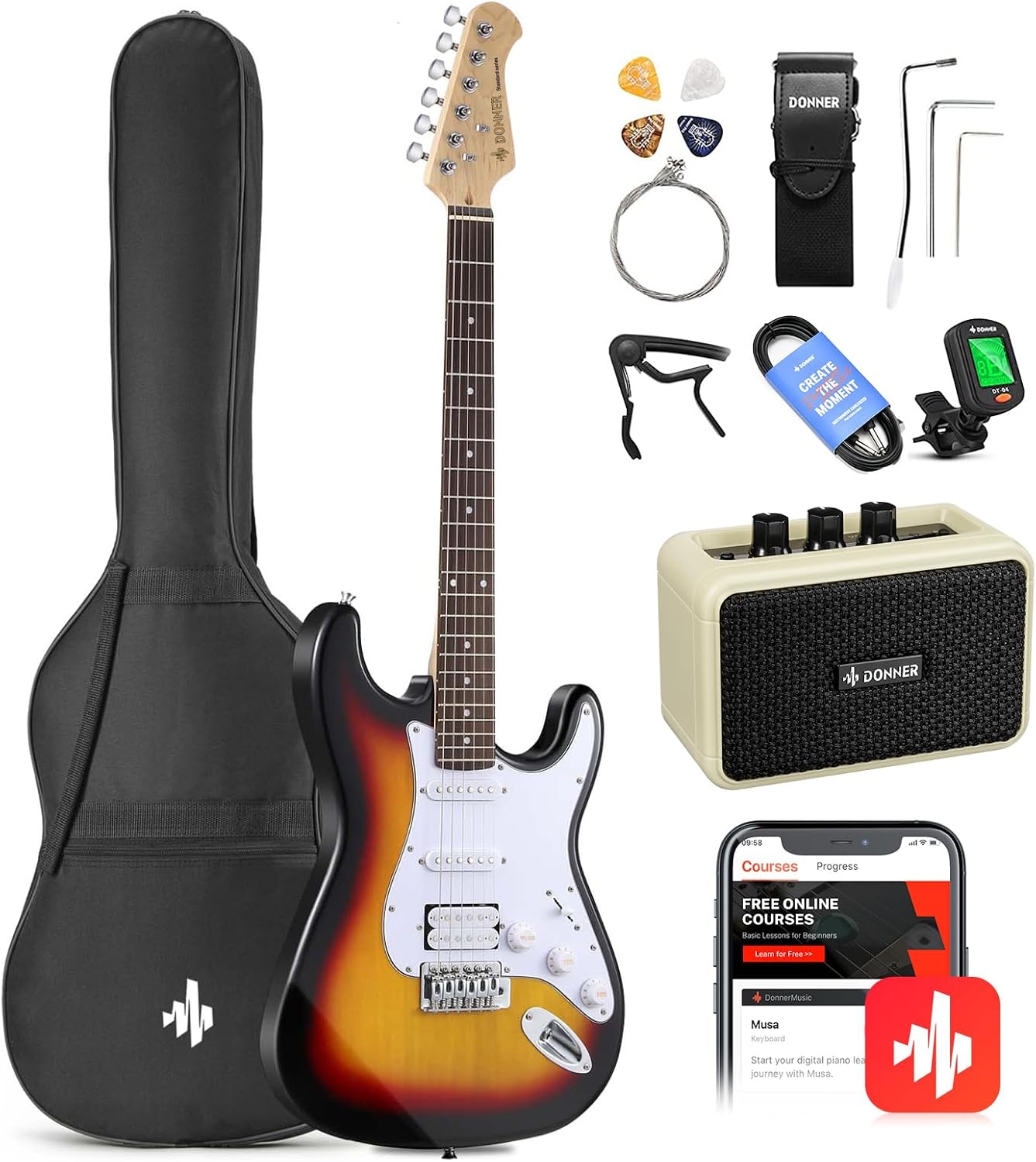 Donner 39-Inch Electric Guitar Starter Kit with Solid Body, HSS Pickup, Accessories, Amplifier, Lessons, and Digital Tuner - Red