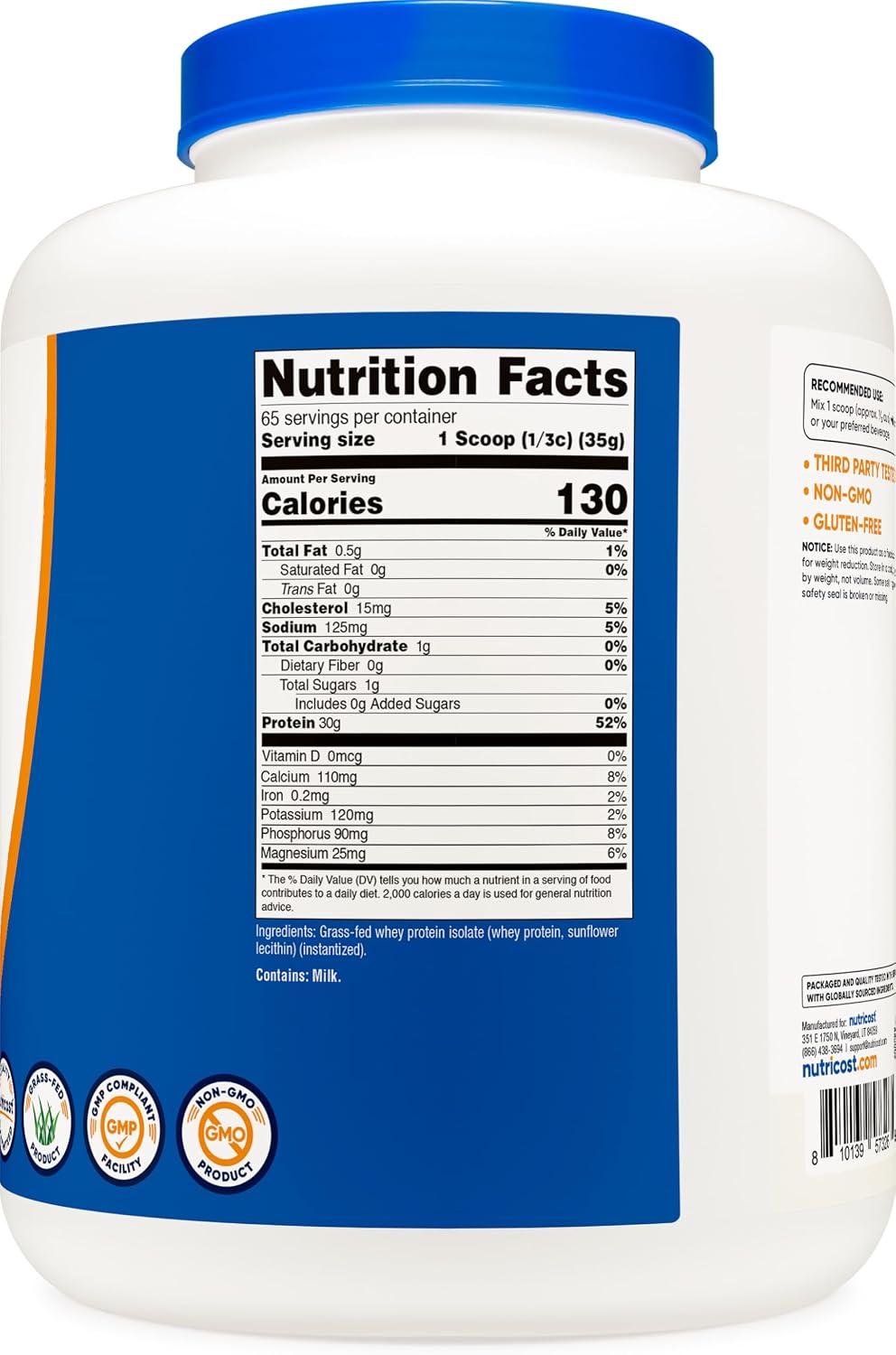 Nutricost Grass-Fed Whey Protein Isolate (Vanilla) 5LBS | GMO-Free, Gluten Free, Natural Flavors