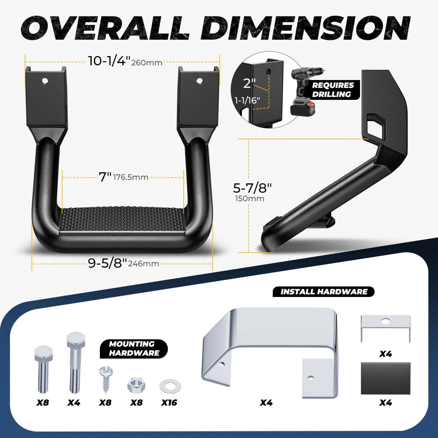 Auto Dynasty 1 Inch Universal Side Step with Mounting Brackets | Aluminum Step Rails Side Hoop Steps for Pickups & Trucks, Black Powder Coated