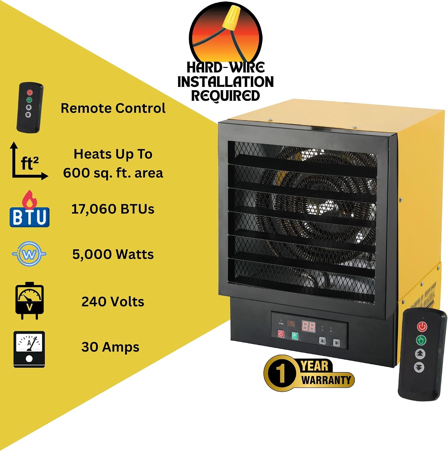 Dura Heat EWH5510 Electric Forced Air Heater with Remote Control 17, 060 Btu, Yellow, Large | NO PLUG Hardwired Install Required, Steel Body, 17