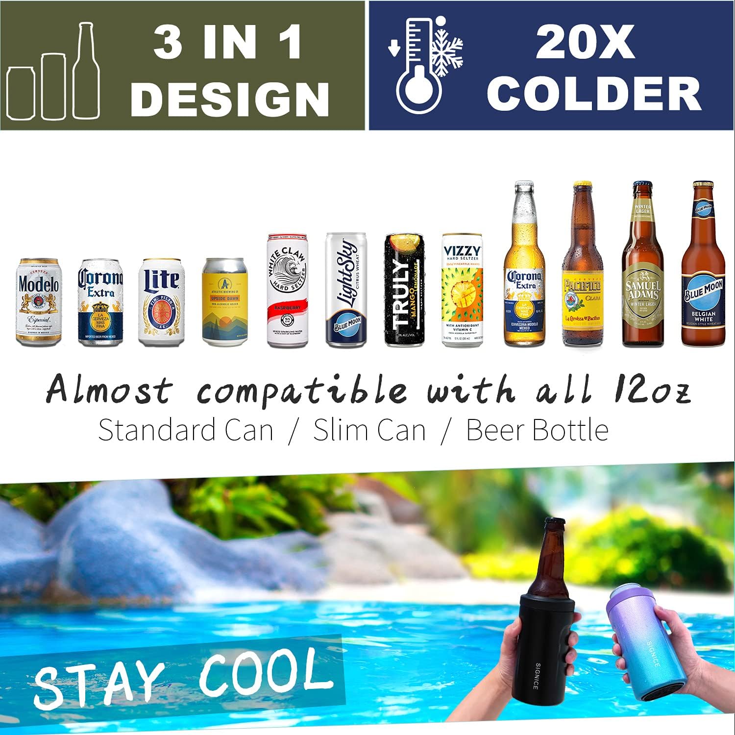 3 In 1 Insulated Universal Can Cooler - Signice Double Walled Vacuum Insulator Stainless Steel Slim Can Cooler for 12 Oz Skinny Tall Standard