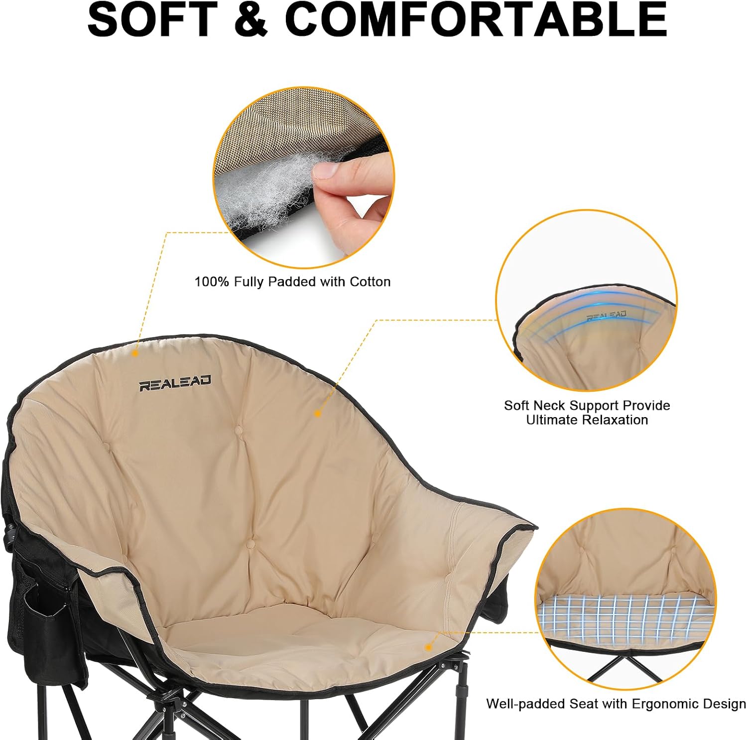 Oversized Camping Chairs Padded Heavy Duty Folding Support 400LBS | Comfy Lawn Chairs for Adults Outdoor Sports with Side Mesh Bag & Cup Holder, Portable Foldable, Sturdy Steel Frame (Grey)