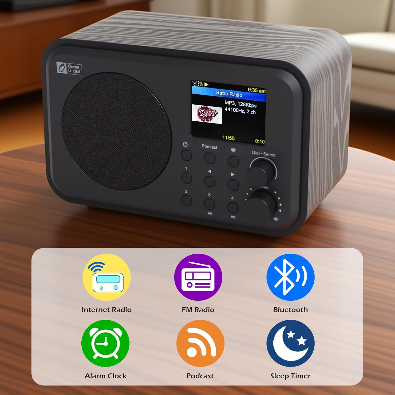 Ocean Digital WR-336M Wi-Fi Internet FM Radio, Bluetooth Speaker, Podcast, 2.4” Color Display, USB Playback, Dual Alarm Clock, Sleep Timer, Dimmer