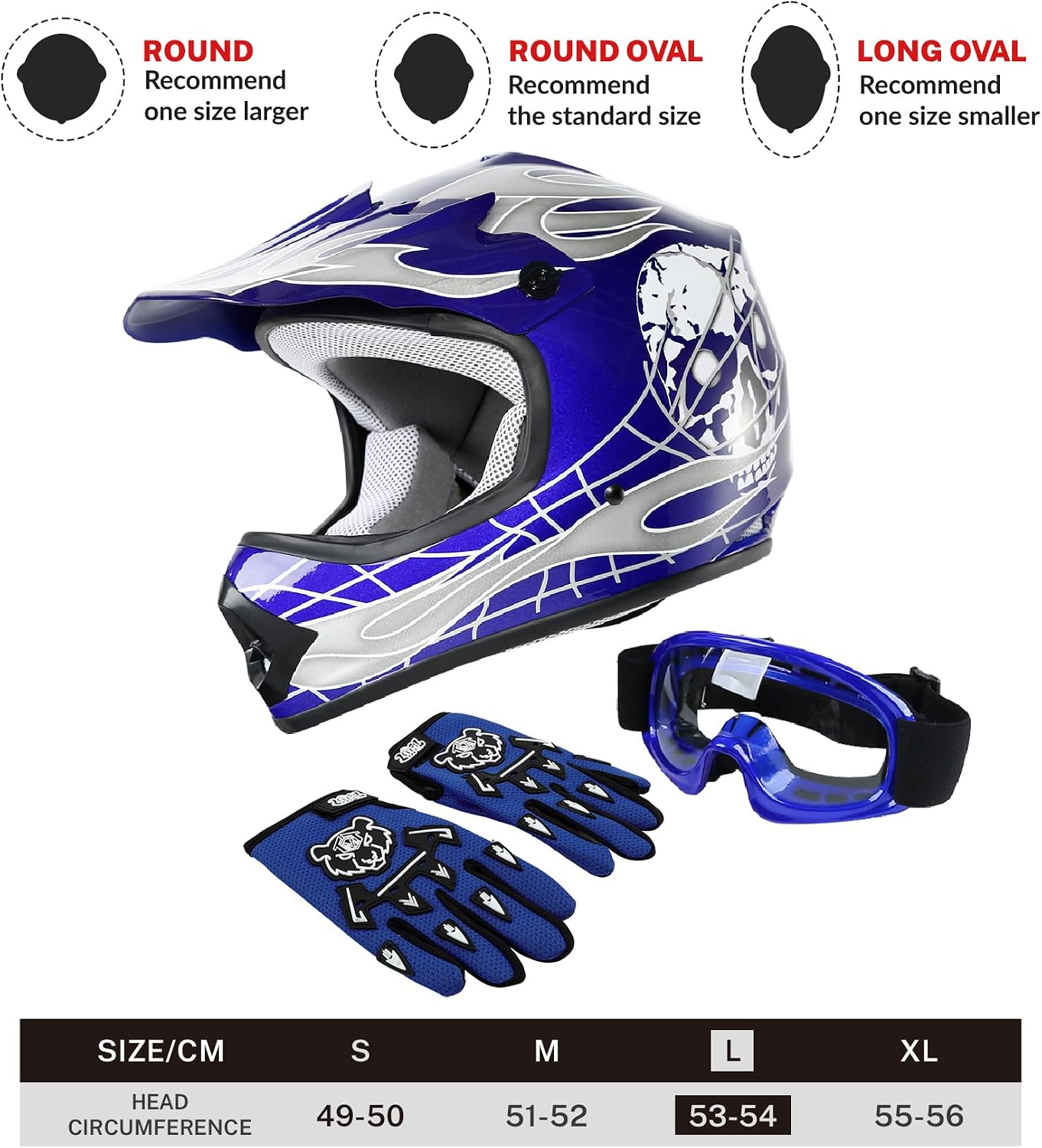 SLMOTO ATV Helmets for Kids Youth DOT Motocross Offroad Street Helmet Motorcycle Blue Helmet Dirt Bike Motocross Helmet+Goggles+Gloves