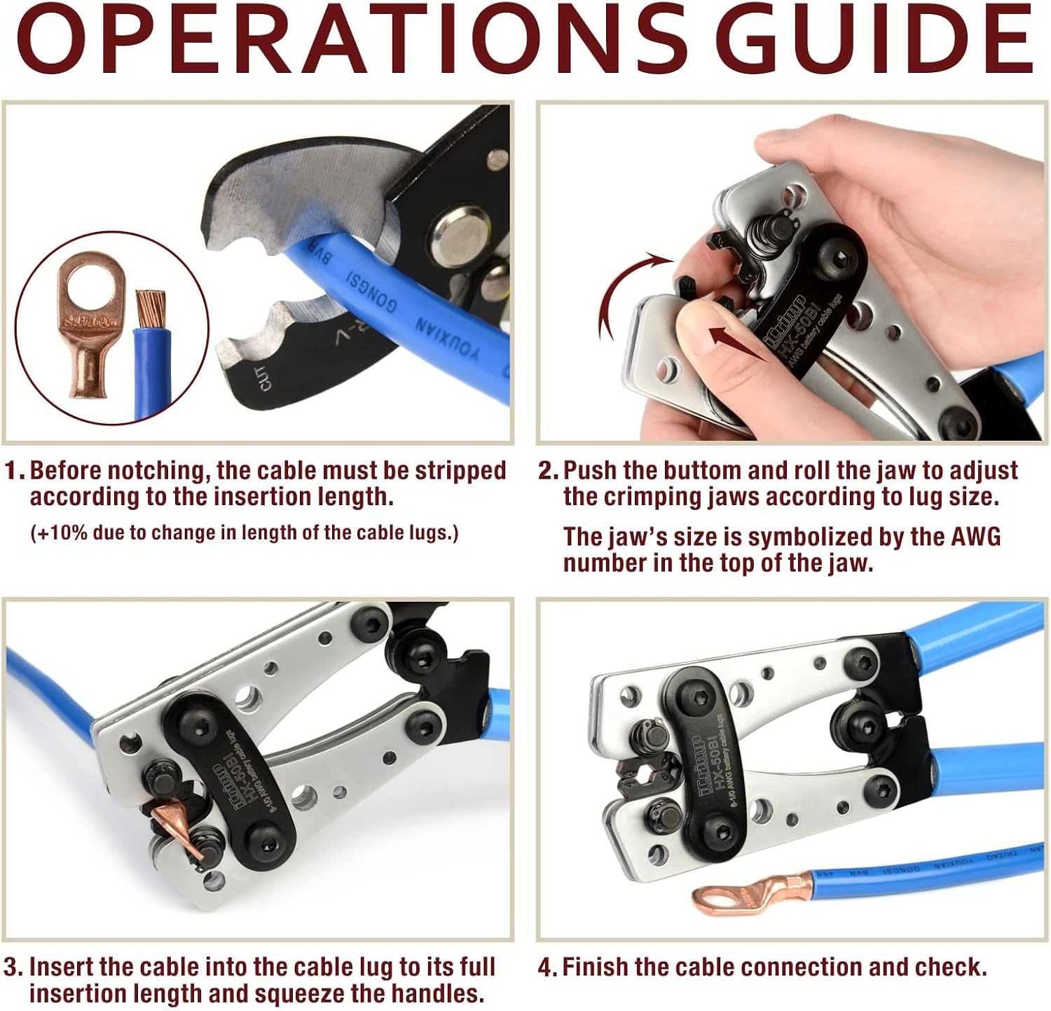 iCrimp Cable Lug Crimping Tool for Heavy Duty Wire Lugs AWG 8-1/0 | Battery Cable Crimper, Battery Terminal, Copper Lugs