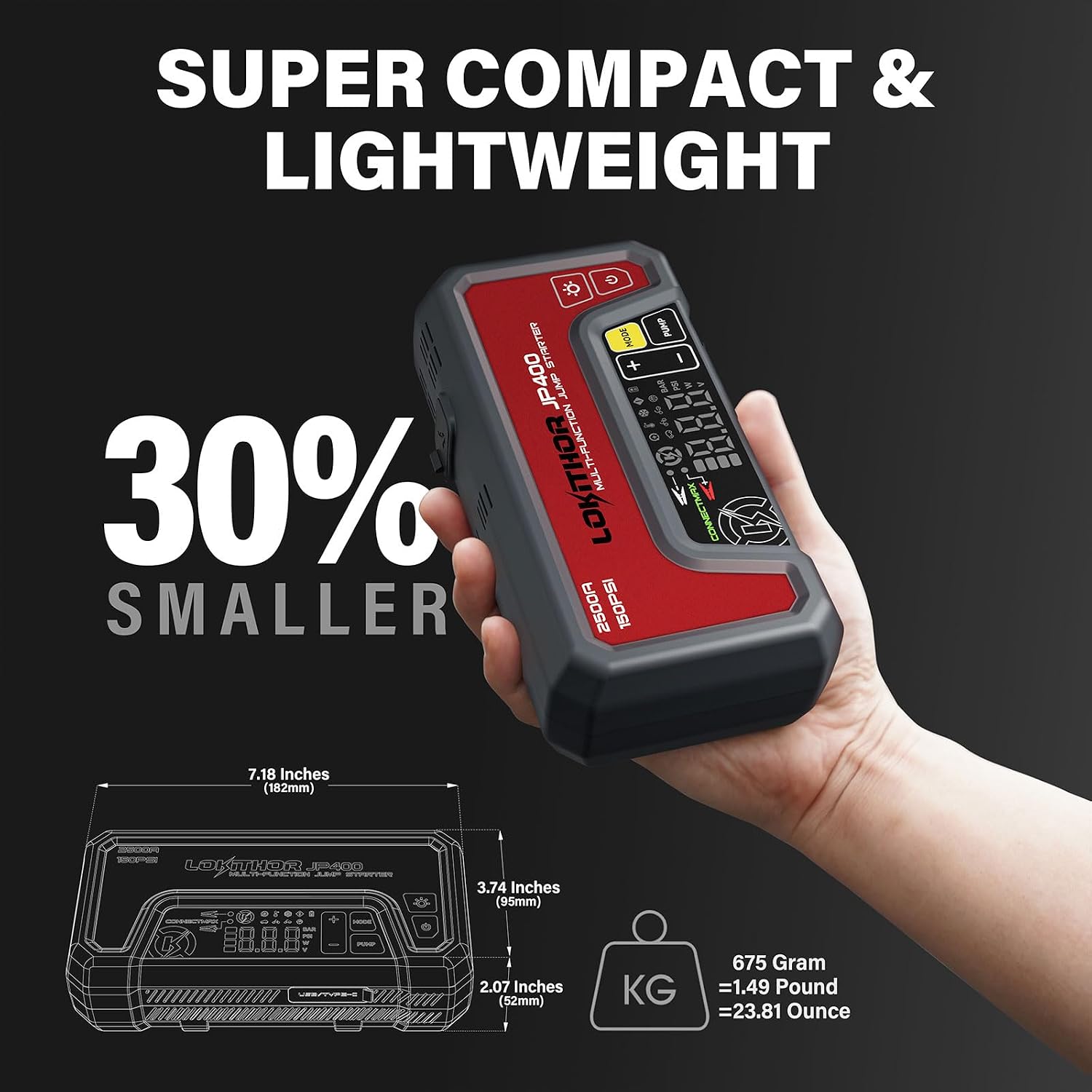 LOKITHOR JP400 Jump Starter with Air Compressor for 8.5L Gas/6.5L Diesel | 2500A 12V Portable Jumper Starter for Car, 150PSI Tire Inflator, 300 Lumen LED Light, Power Bank, ConnectMax, Jumper Cables