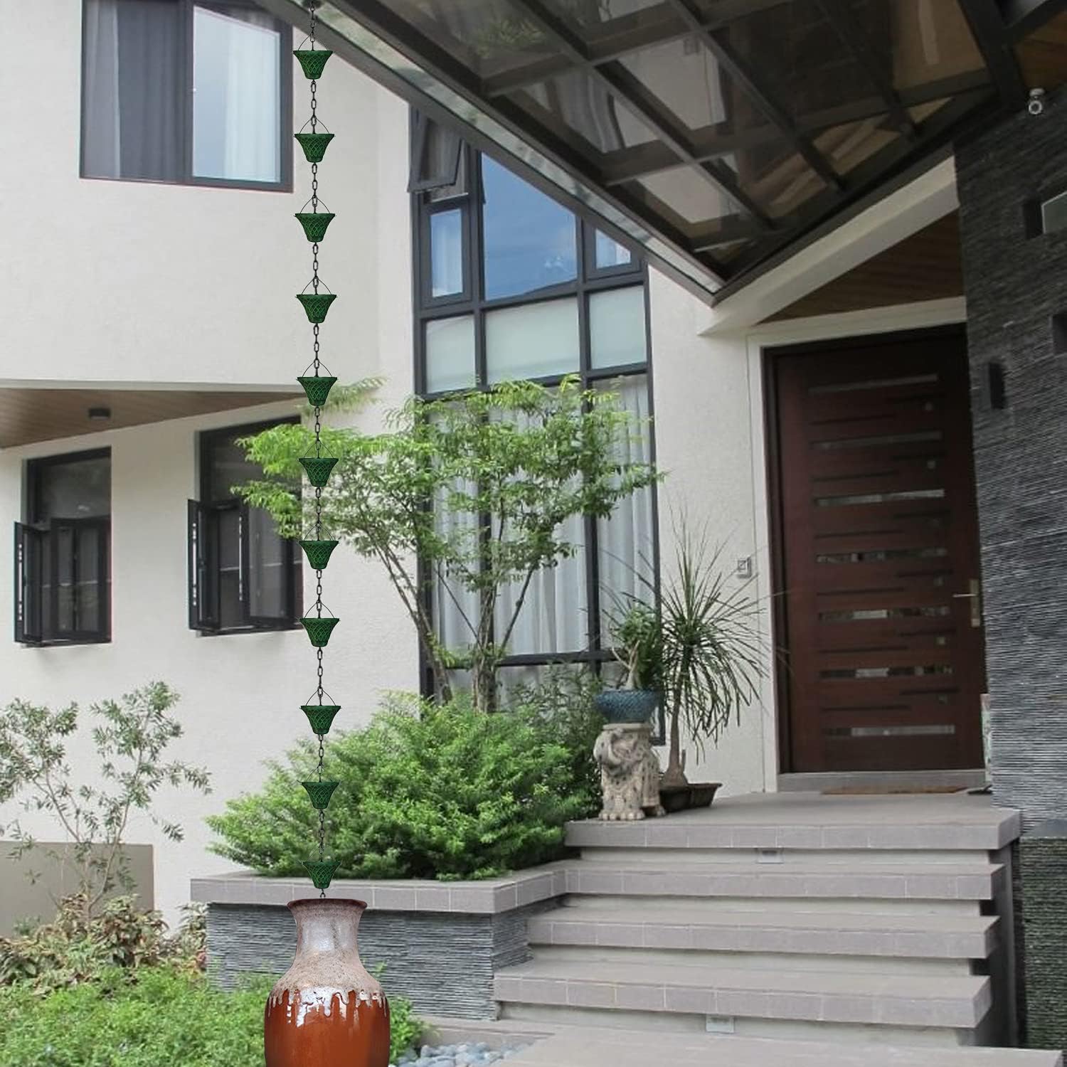 8.5FT Bell Iron Rain Chain for Gutters and Rain Barrel+Adapter, Blue