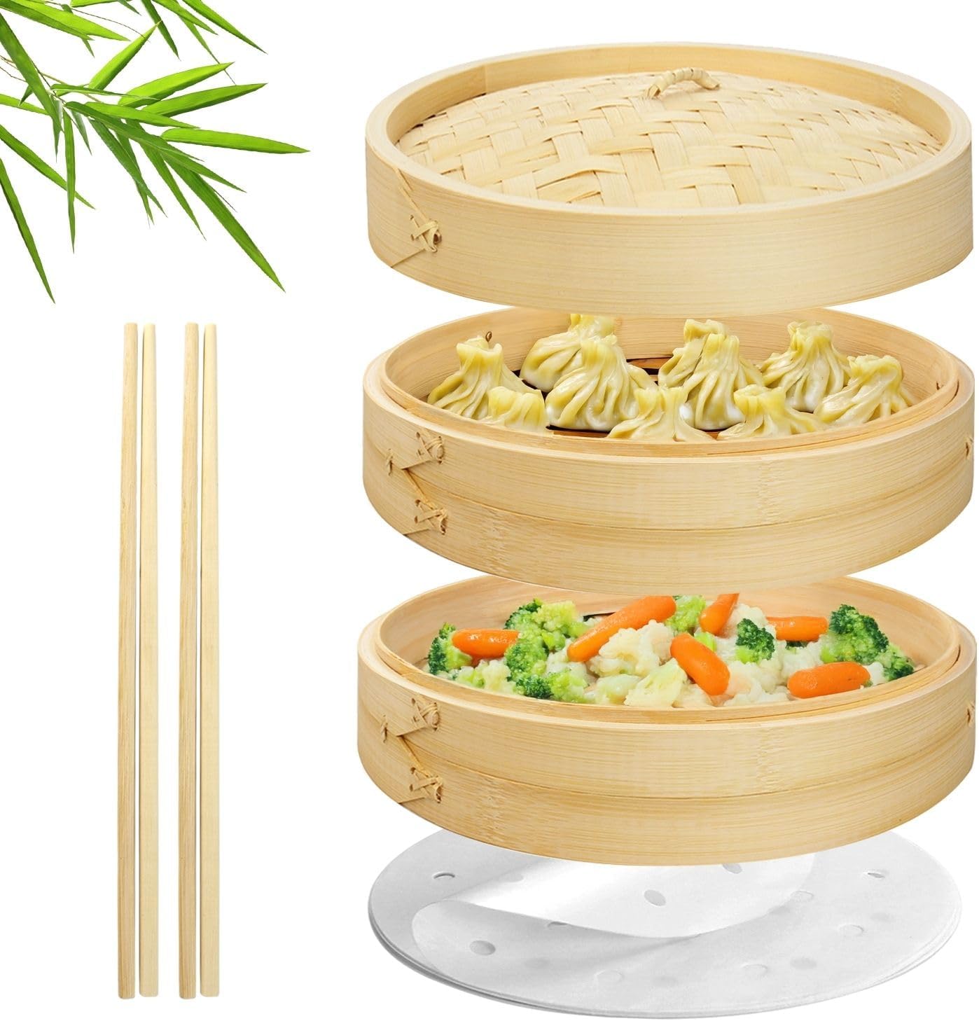 Flexzion Bamboo Steamer Basket Set (8 inch), 50 x Steamer Liners and 2 Pairs of Chopsticks, Steam Baskets for DimSum Dumplings, Rice, Vegetables