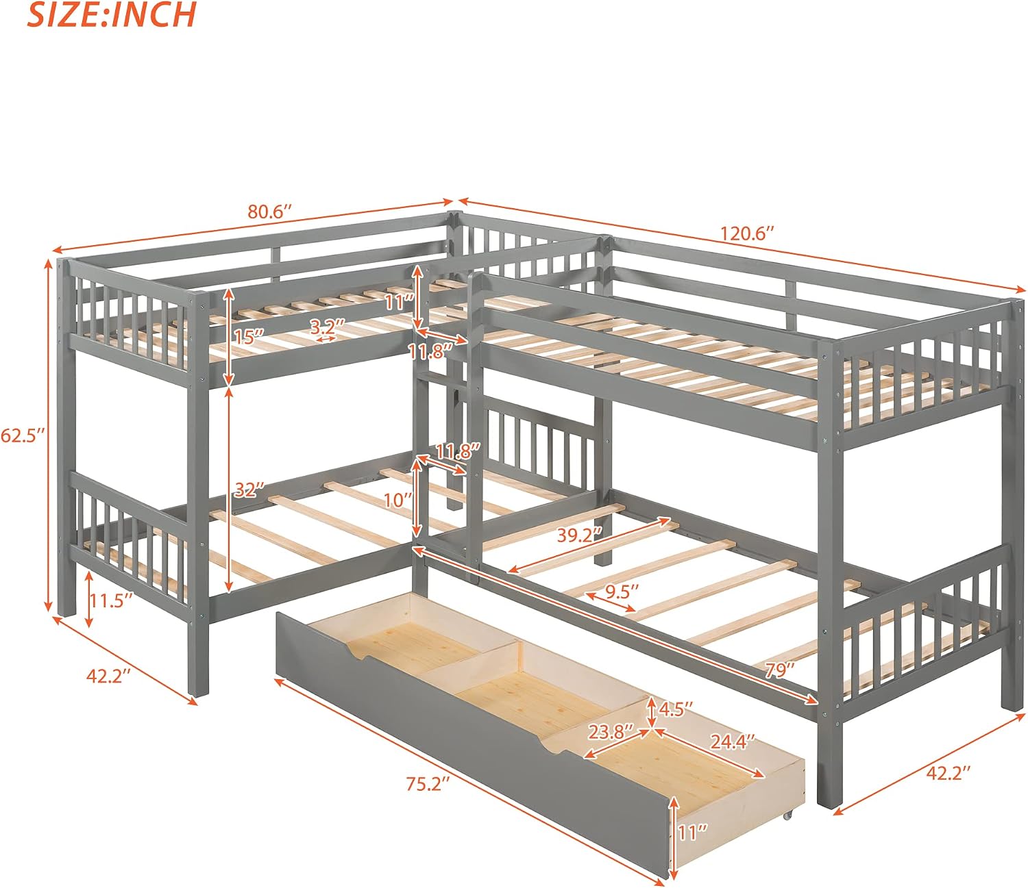 Harper & Bright Designs Twin L-Shaped Bunk Bed with Trundle, Can be Divided into Two L-Shaped Beds, No Spring Box Needed (Grey)