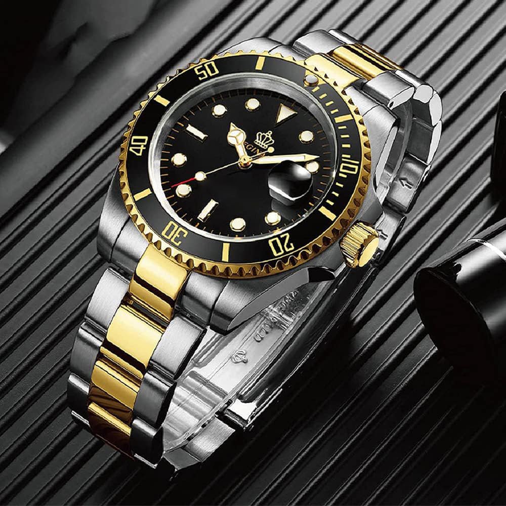 FANMIS Men's Two-Tone Stainless Steel Quartz Watch, Rotating Bezel and Date | Green Dial, Luminous Hands and Markers, Magnified Date Window, Fold-Over Safety Clasp, 30M Water Resistant for Everyday Wear.