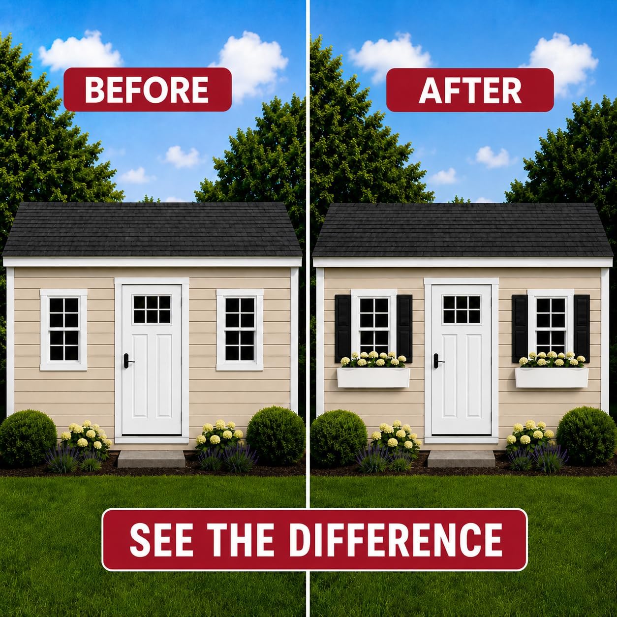 9" x 27" Paintable Raised Panel Shed Shutters, 1 Pair | Paintable raised panel non-operable shutter pair for shed, playhouse and coop windows.
