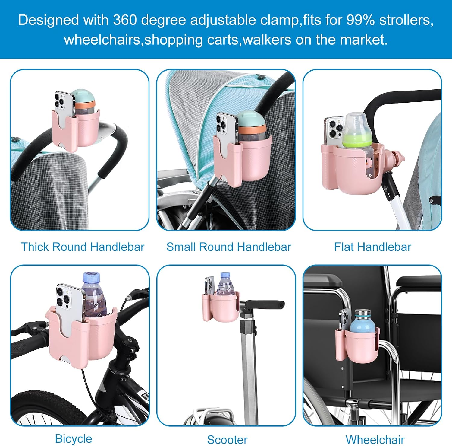 Accmor Stroller Cup Holder with Phone Holder, Bike Cup Holder, Universal Cup Holder for Uppababy Nuna Strollers, 2-in-1 Drinks Holder for Walker