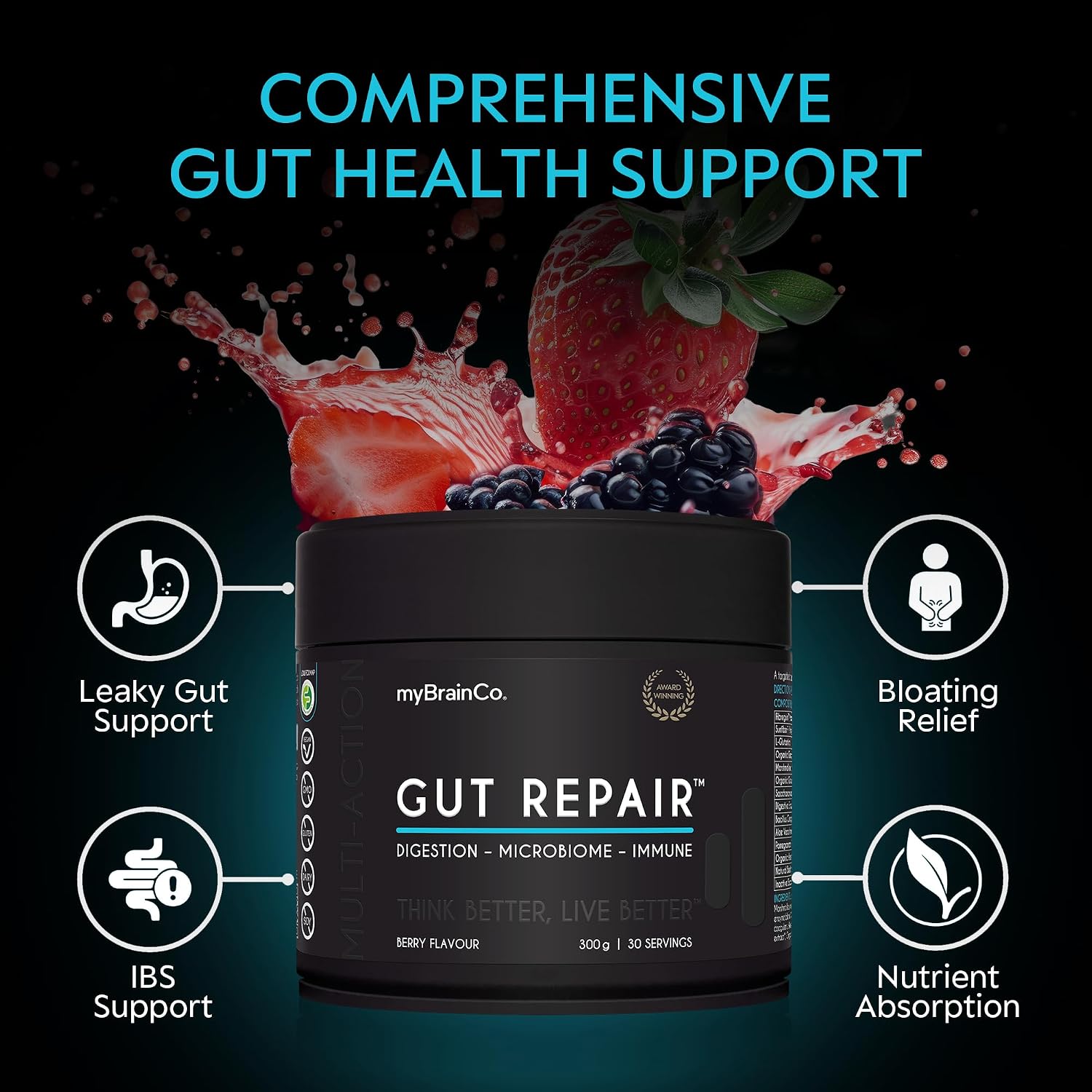 myBrainCo. Gut Repair – Gut Health & Digestion Support Powder for IBS, Bloating, Reflux & Leaky Gut – Low FODMAP Certified with Probiotics