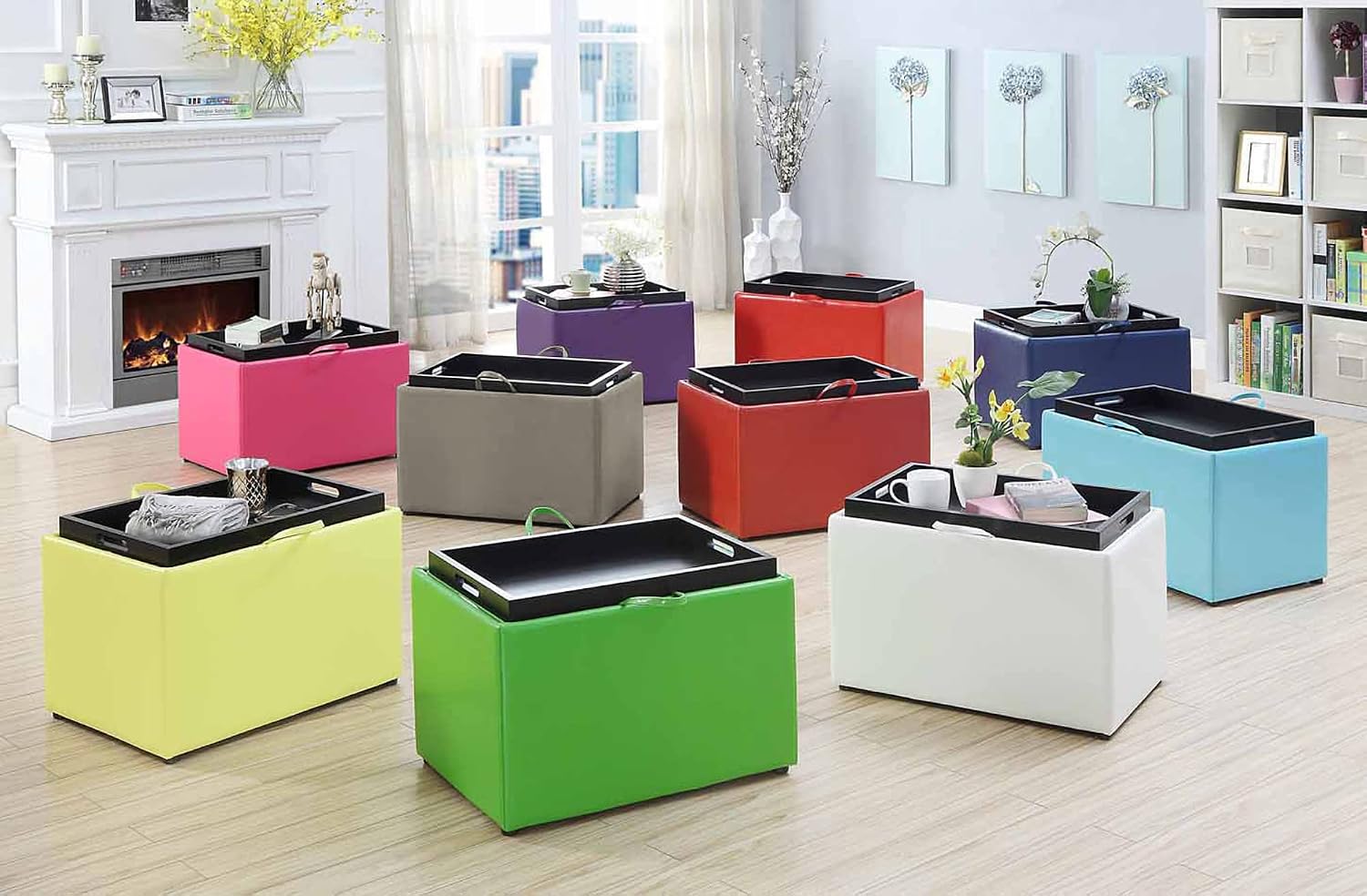 Convenience Concepts Designs4Comfort Accent Storage Ottoman 22.75" - Modern Foot Stool with Decorative Tray for Living Room, Dining Room, Office, Blue Faux Leather