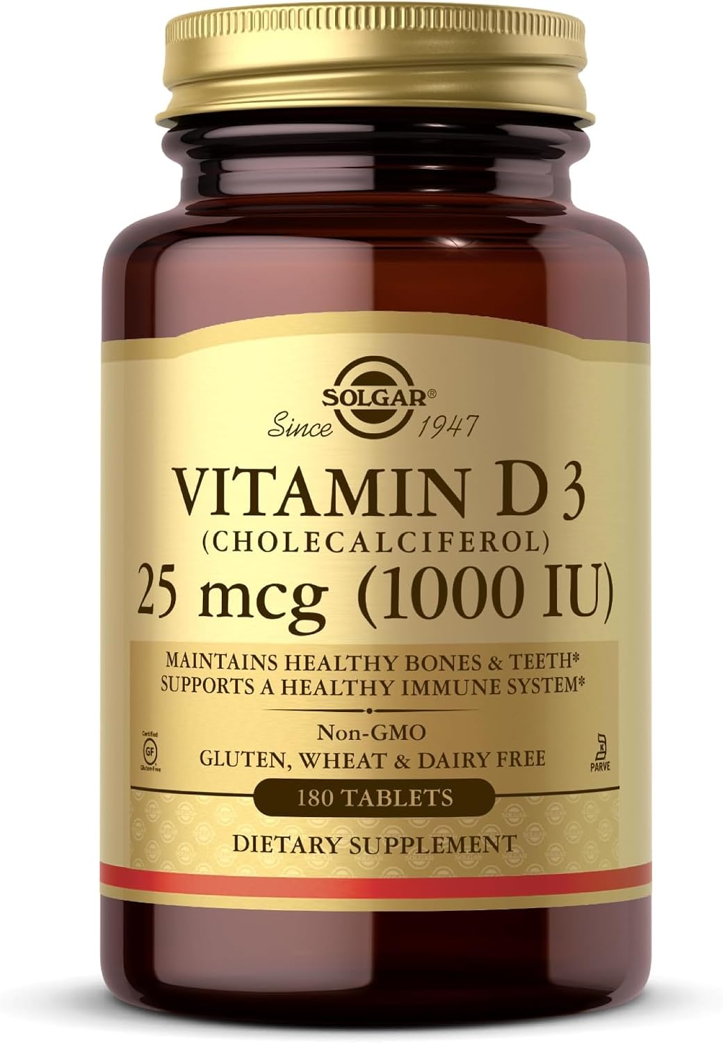 Solgar Vitamin D3 (Cholecalciferol) 25 MCG (1000 IU), 180 Servings | Helps Maintain Healthy Bones & Teeth - Immune System Support - Non-GMO, Gluten Free, Dairy Free, Kosher