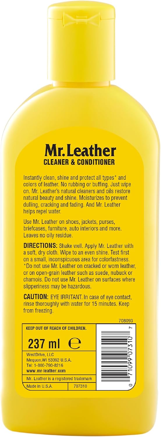 MR. LEATHER Cleaner & Conditioner, Restores & Protects All Leather, 8 oz | Made with Natural Oils, Hydrating & Water-Repelling Cream, Ideal for Leather Furniture, Sofa, Auto Interior, Shoes & Bags