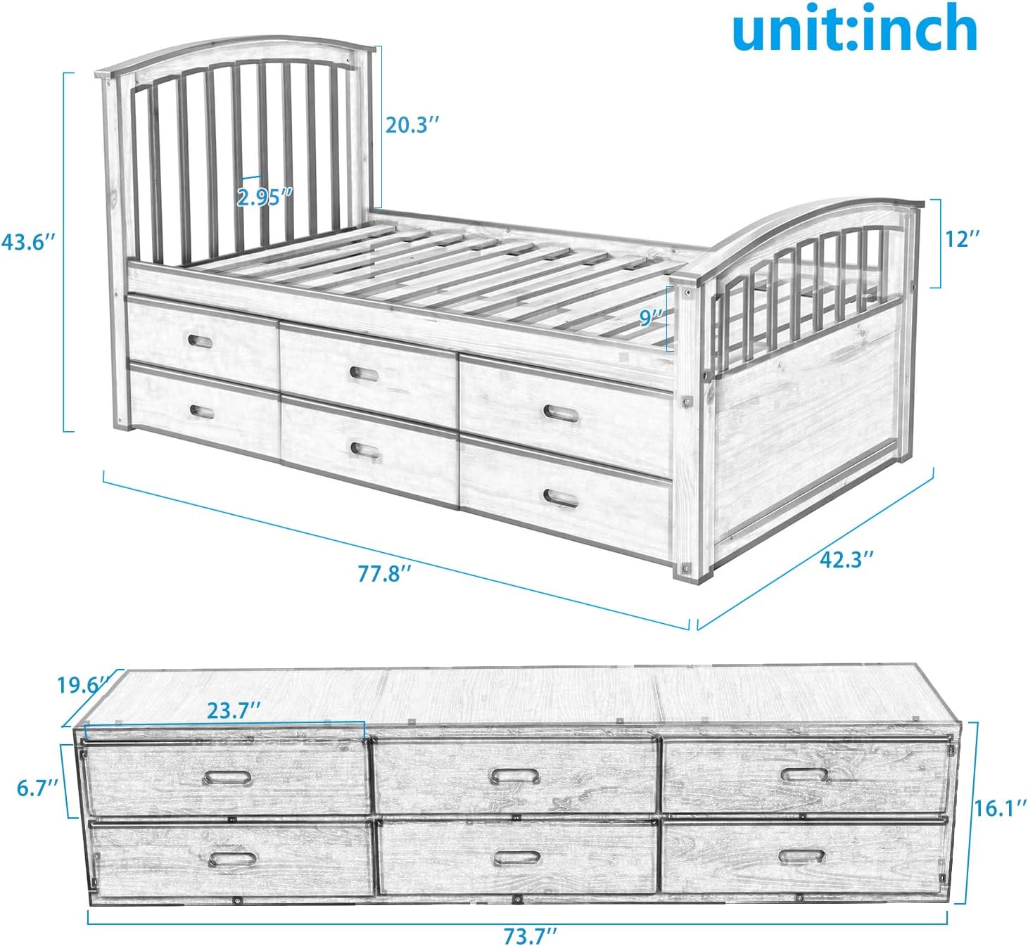 Merax Twin Size Platform Storage Bed Solid Wood Bed with 6 Drawers