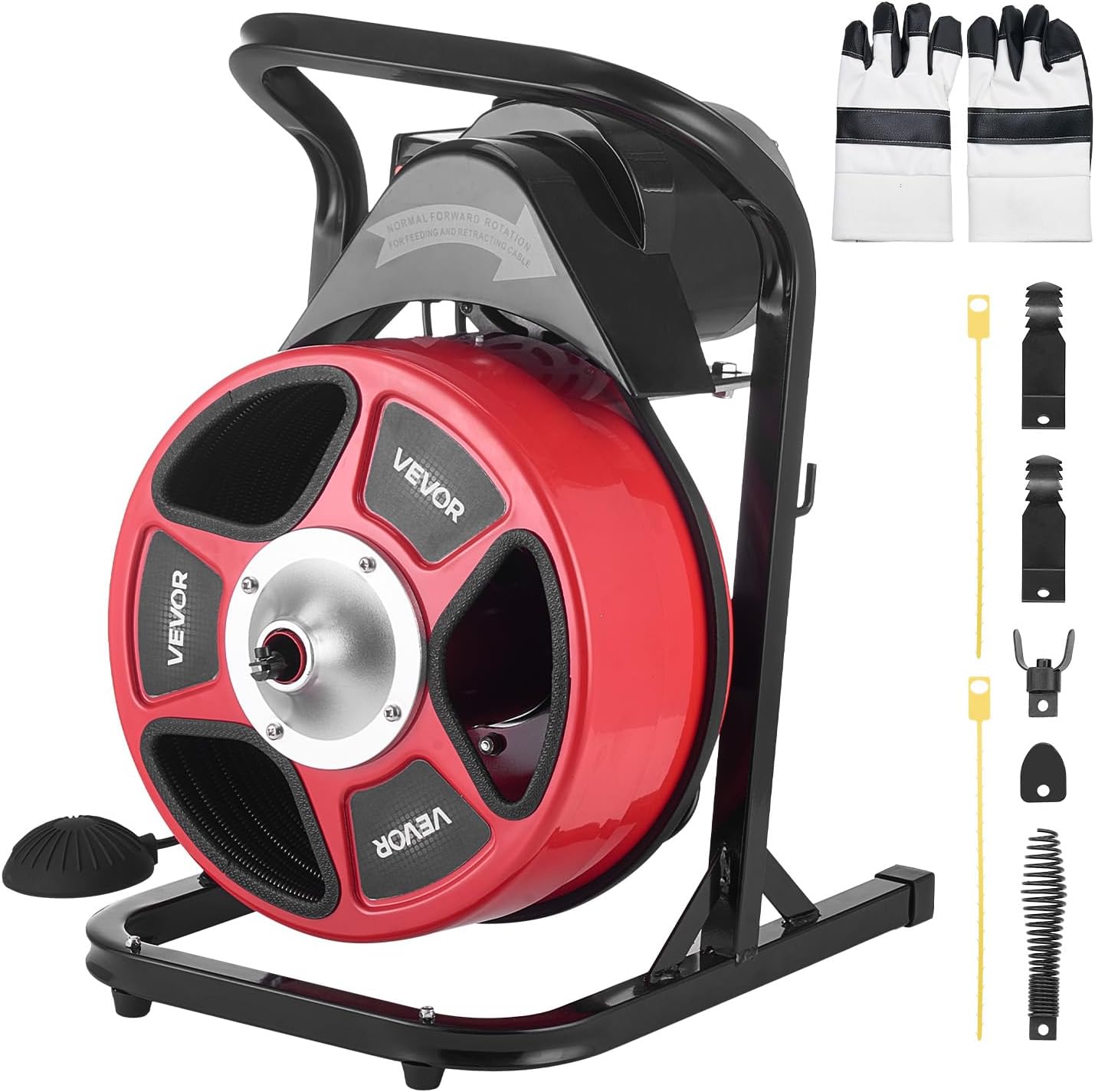 VEVOR Drain Cleaner Machine 50 FT x 1/2 Inch, Manual Feed Sewer Snake Auger with 4 Cutters & Air-Activated Foot Switch for 2" to 6" Pipes