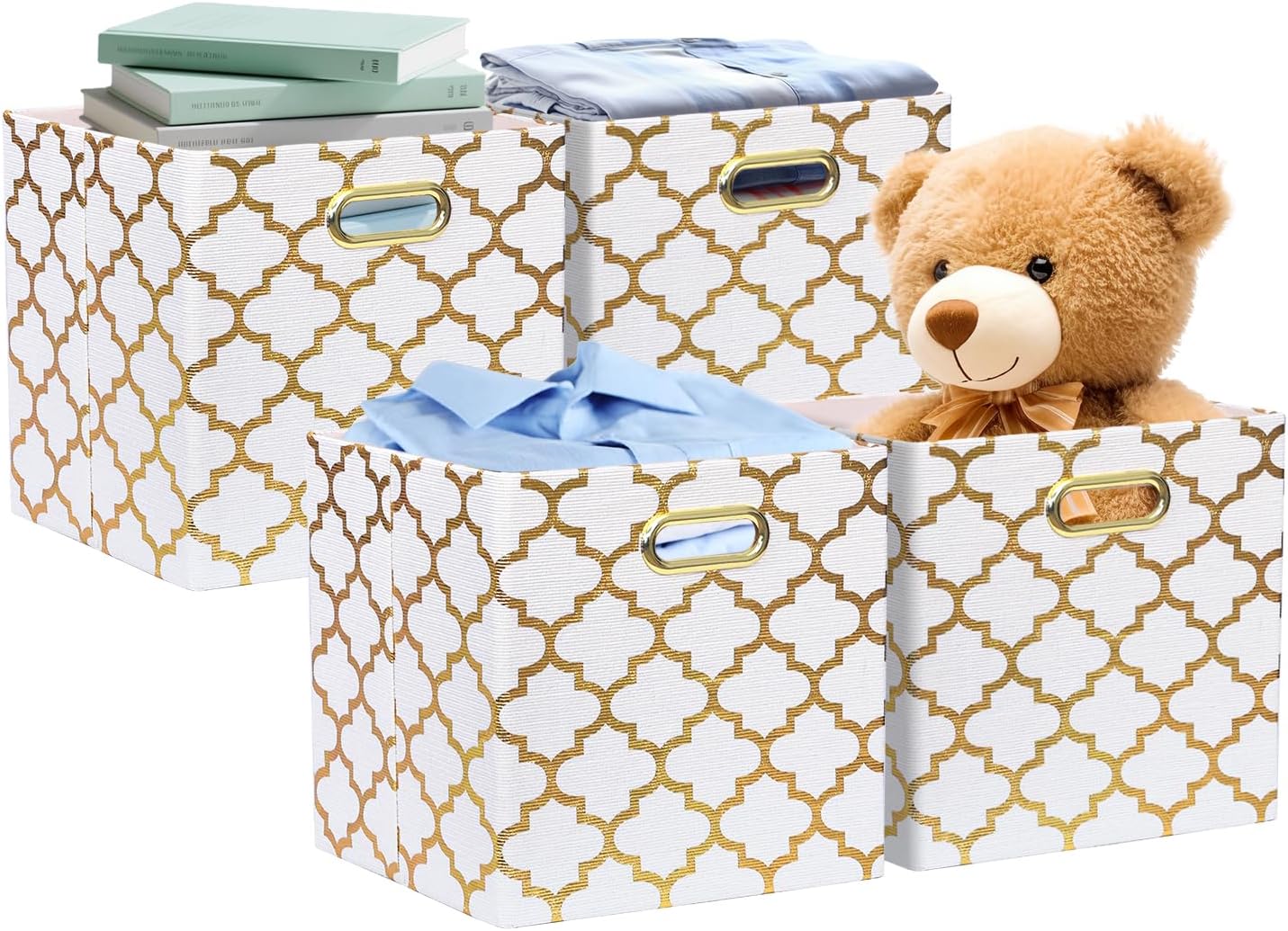 Posprica Storage Bins, Storage Cubes,13×13 Fabric Drawers Organizer Basket Boxes Containers (13×13×13/4pcs, Cream/gold geometry Pattern)