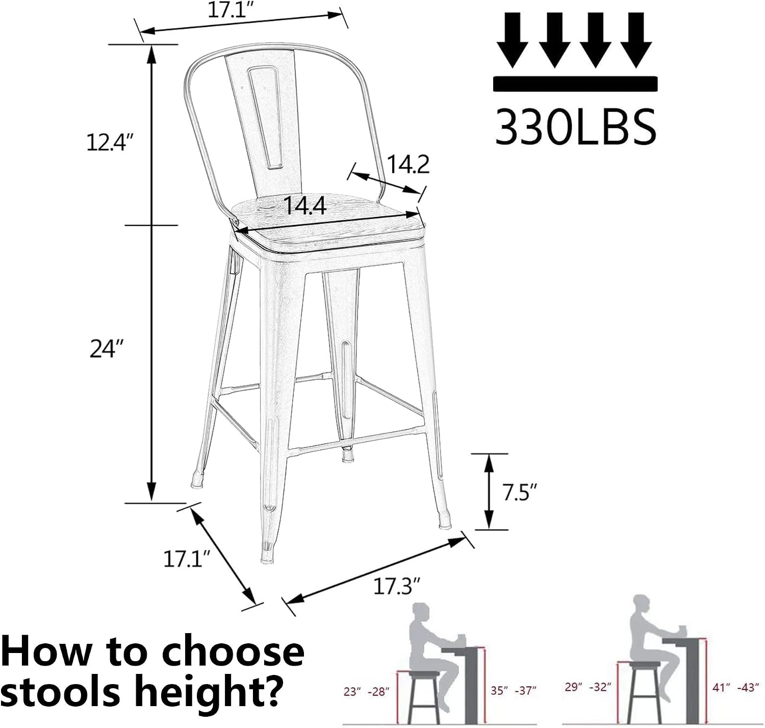 Alunaune 24" Swivel Metal Bar Stools Set of 4 High Back Counter Height Barstools Industrial Dining Bar Chairs with Large Wooden Seat-Matte Black