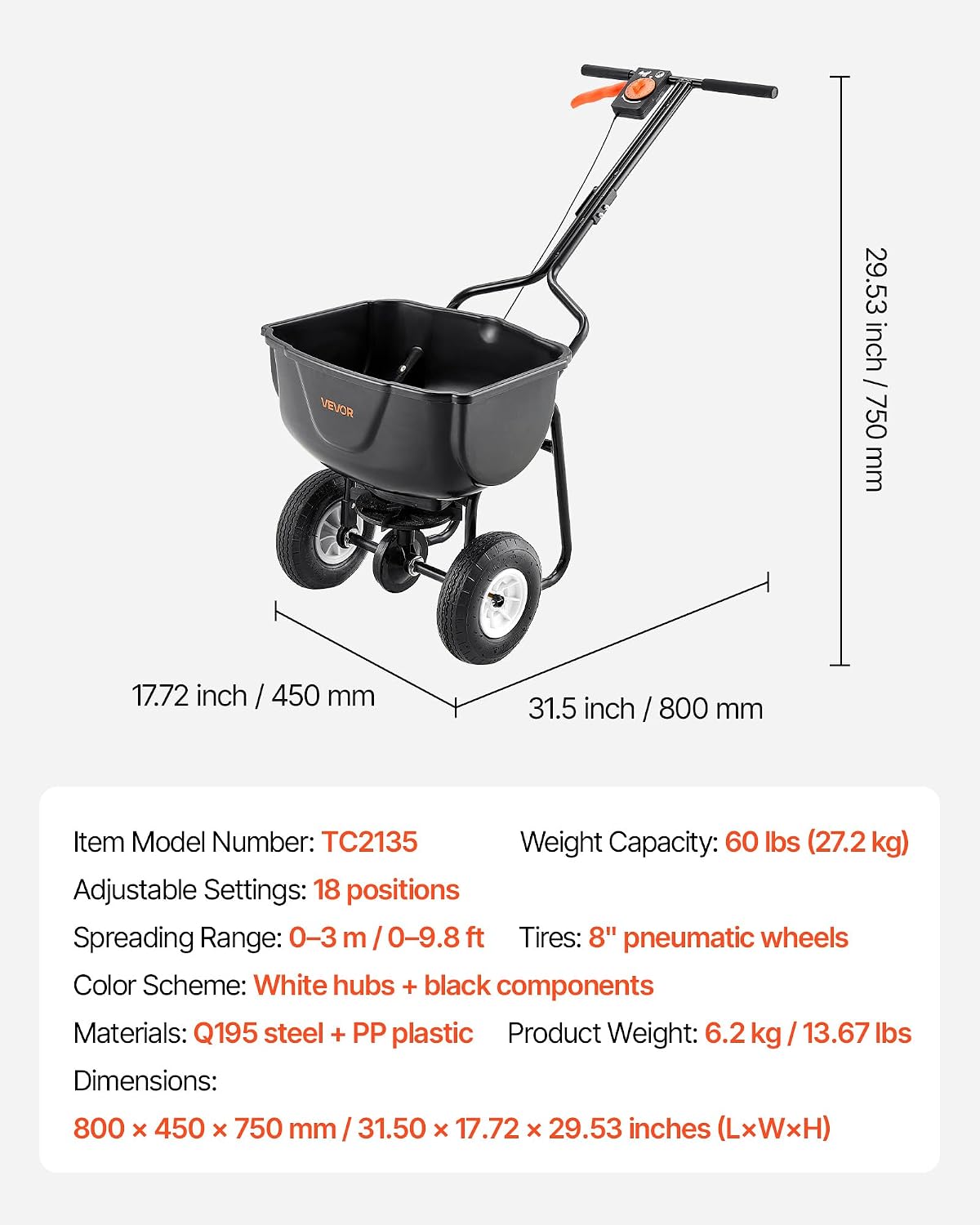 VEVOR Walk Behind Spreader, 60LBS Capacity, Push Spreader with 0-9.8 ft Spreading Width, 8 in All Terrain Pneumatic Tires