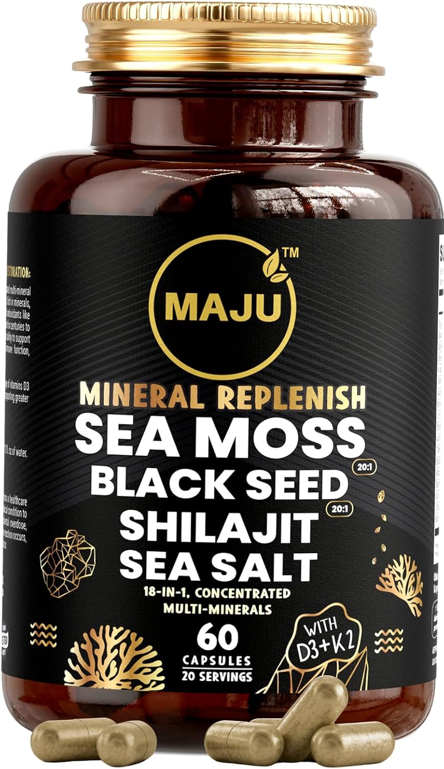 MAJU 4-in-1 Organic Sea Moss Capsules, Wild Chondrus Crispus, Seamoss w/Bladderwrack + Burdock Root, Stronger Than Gel, Irish