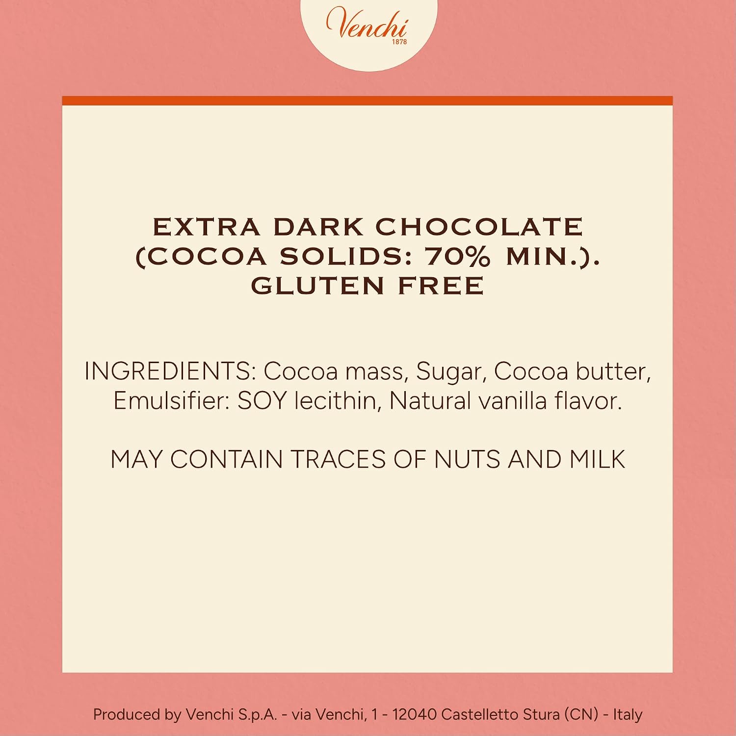 Venchi - Venezuelan Cocoa Blend - 85% Dark Chocolate Bar, 2.46oz - Single Origin Premium Fine Chocolate - Naturally Gluten Free - Vegan