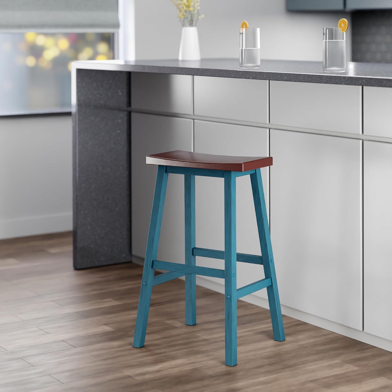 Winsome Satori Saddle Seat Counter Stool, Walnut, 24" | Classic Backless Bar Chairs for Kitchen & Dining Room Seating, Timeless Essential Furniture for Home, Dorm, Apartments