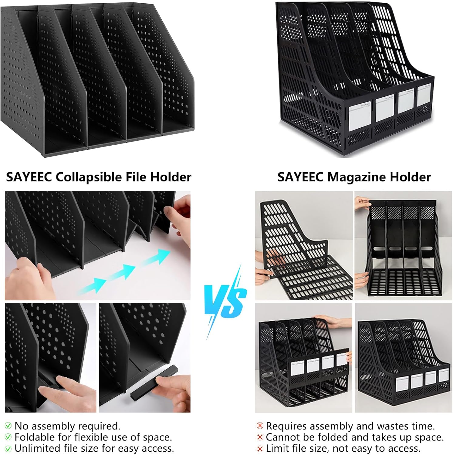 SAYEEC Collapsible Magazine Holder Plastic Desktop 4 Compartment File Rack Magazine Organizer Vertical File Divider Sorter Storage Document