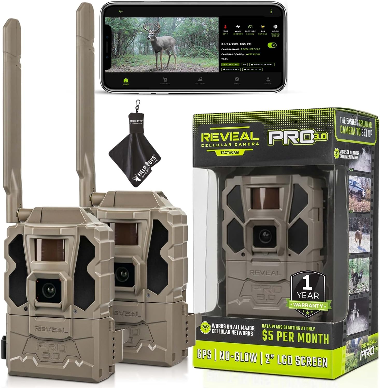 TACTACAM Reveal Pro 3.0 Cellular Trail Camera - Multi-Cellular Network, GPS, 2" LCD, No-Glow IR, Wi-Fi Enabled, HD Photos & 1080p Videos, Fast Trigger with Cleaning Cloth (2PK)
