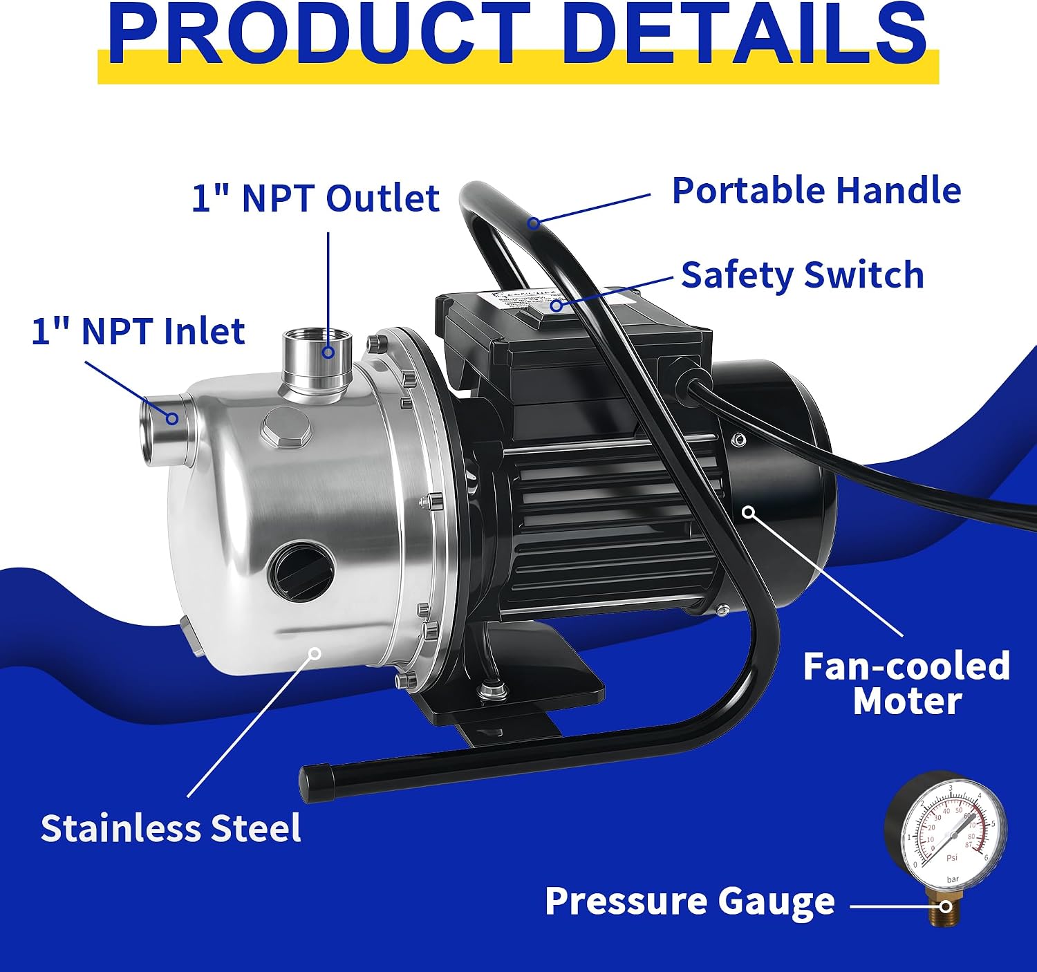LANCHEZ 1.6 HP Shallow Well Pump, 1500 GPH Stainless Steel Water Transfer Pump, 115V Garden Irrigation Pump