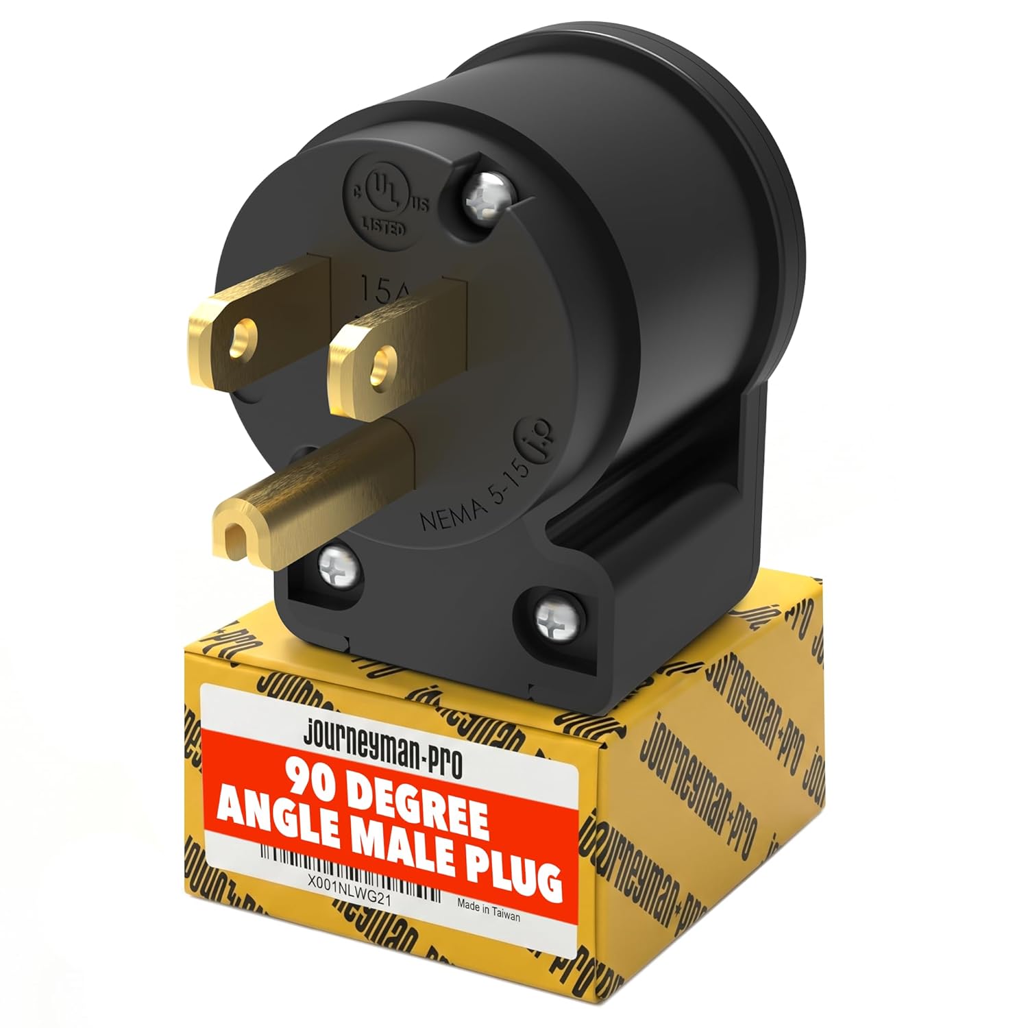 515AN 90 Degree Right Angle Male Plug, 15 Amp 120v 125 Volt NEMA 5-15P, 2Pole 3Wire, Straight Blade Replacement Electrical Plug Extension Cord End - Commercial Grade 15A (Black, 1-PACK)