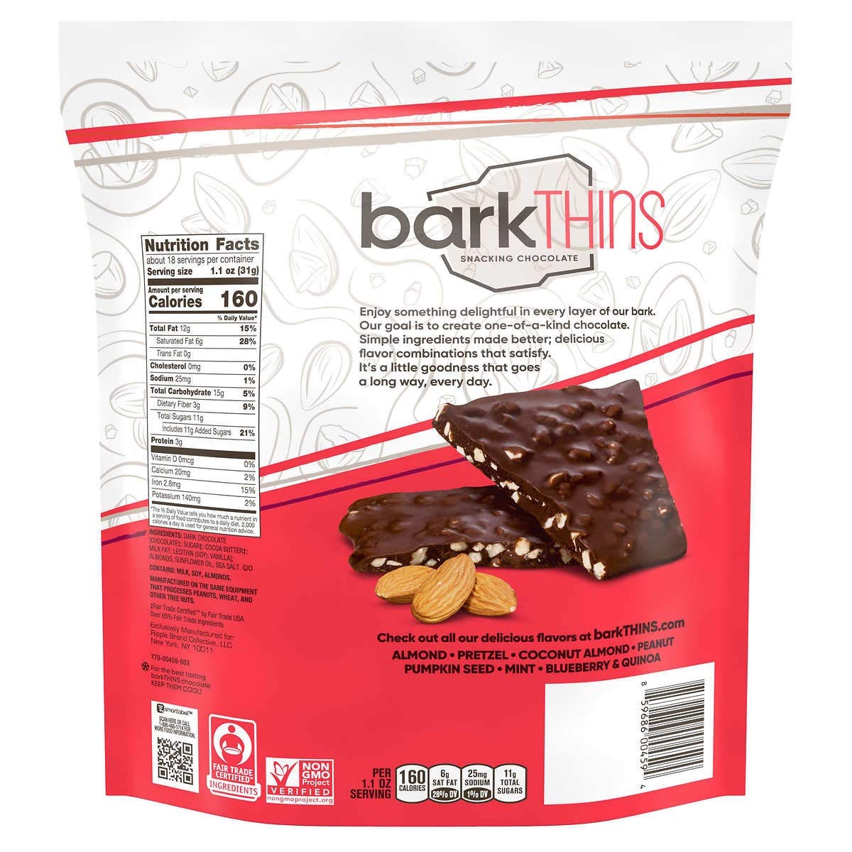 Bark Thins Toasted Coconut with Almonds Dark Chocolate Snacks, 4.7 Ounce - 12 per case.