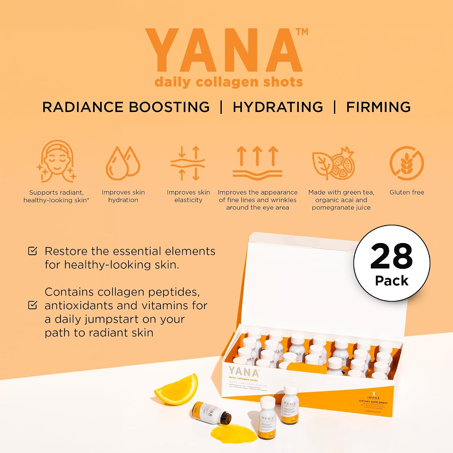 IMAGE Skincare, YANA Liquid Collagen Shots, 28 Daily Shots | 2500 mg Hydrolyzed Bovine Collagen Peptide Supplement with Biotin, Natural Citrus Flavor
