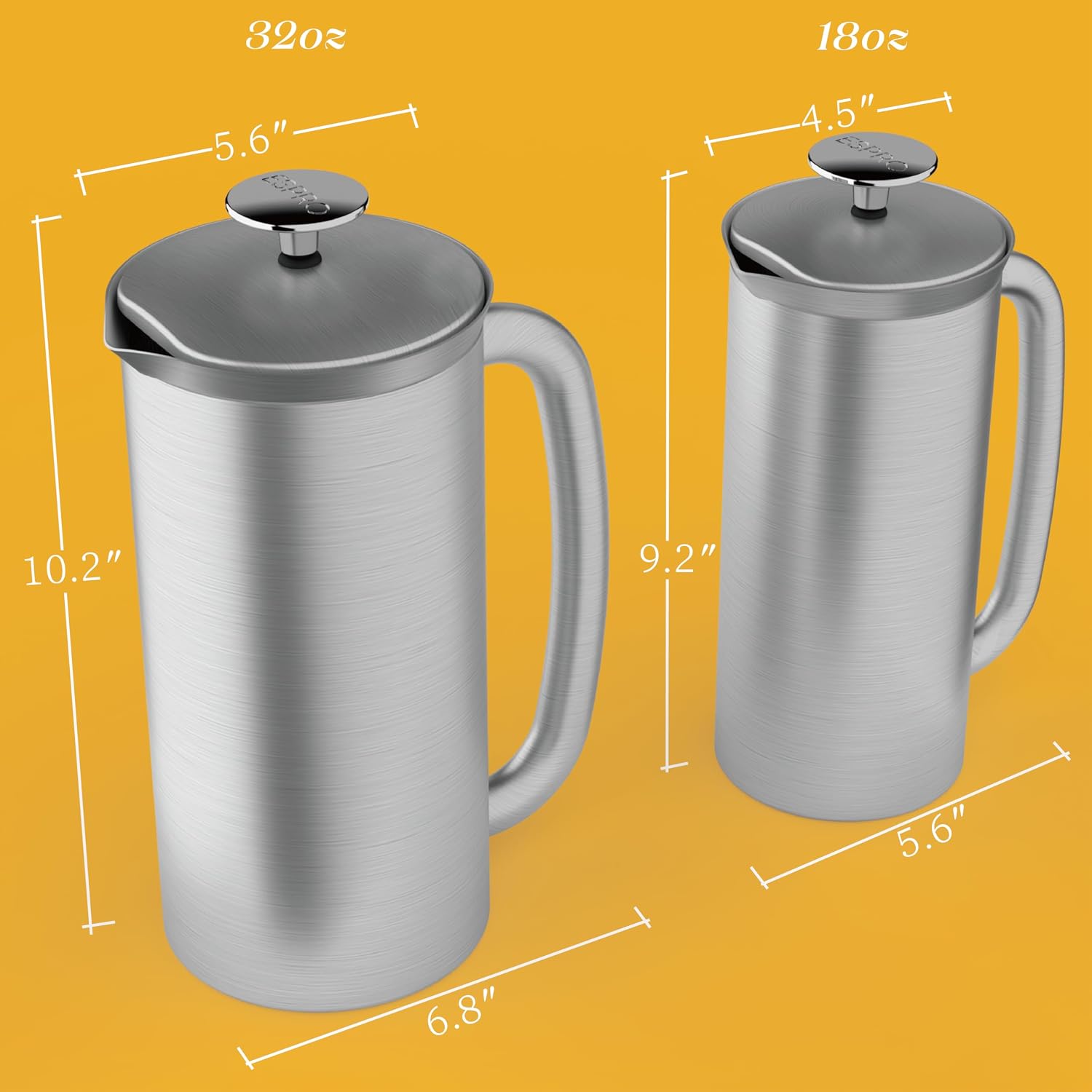 ESPRO P7 French Press, 18oz, Brushed, Stainless Steel Coffee Maker | Double Filter Coffee Press, Grit-Free Coffee, Heat Resistant Insulated tea Press, Easy Hot and Cold Coffee Brewer, Tea Brewer
