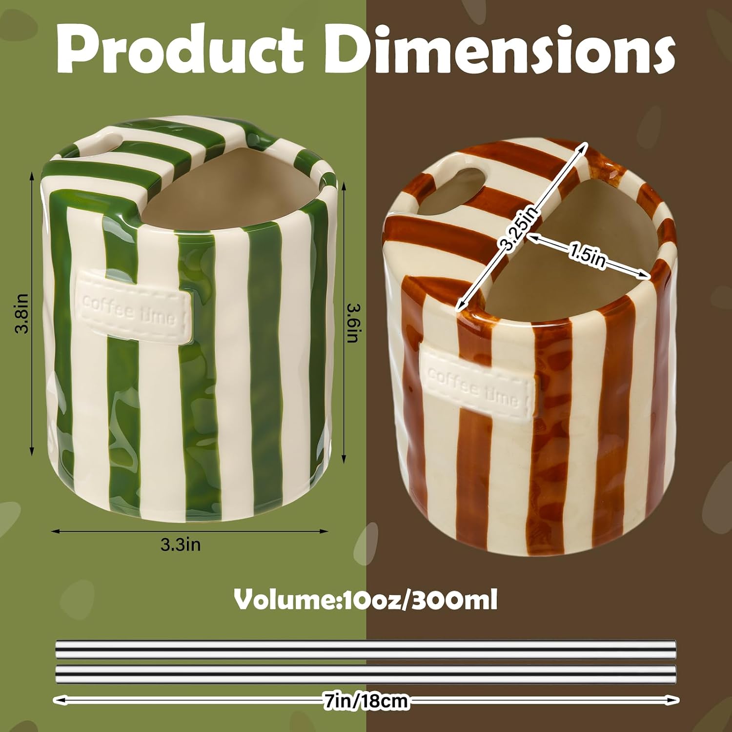 2 Pack Ceramic Coffee Mug with Sip Hole Espresso Cup 10oz with Straws Retro Hand Painted Striped Ceramic Iced Coffee Tea Travel Mug Latte Cup for