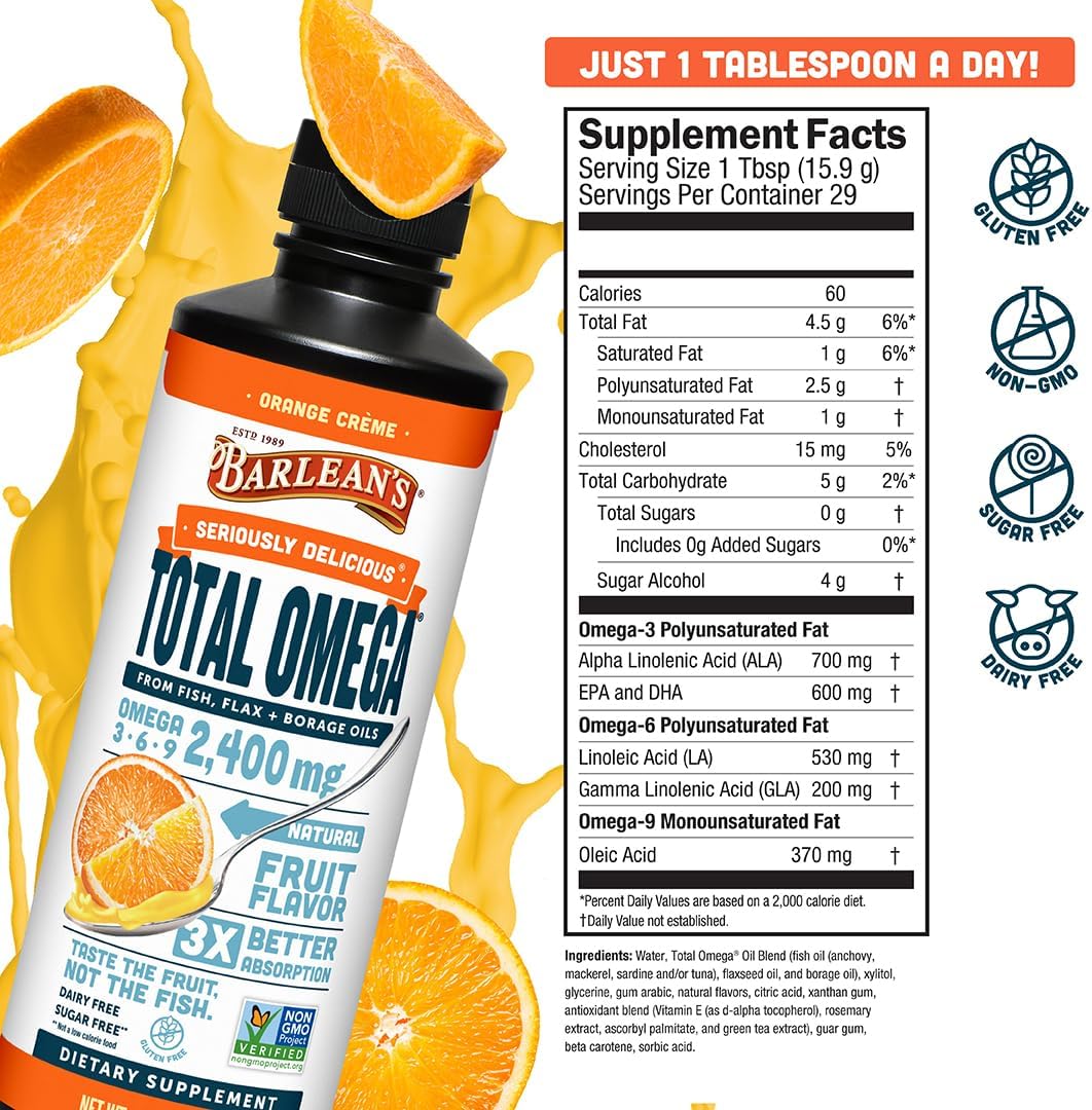 Barlean's Total Omega 3 6 9 Orange Crème Liquid Fish Oil Supplement with Borage and Flaxseed Oil, 2,400 mg of Omegas EPA and DHA Plus GLA for Joint and Heart Health, 8 oz | Fish, borage & flax oils, EPA DHA ALA GLA omegas, Burpless, Non-GMO, Gluten-free,…